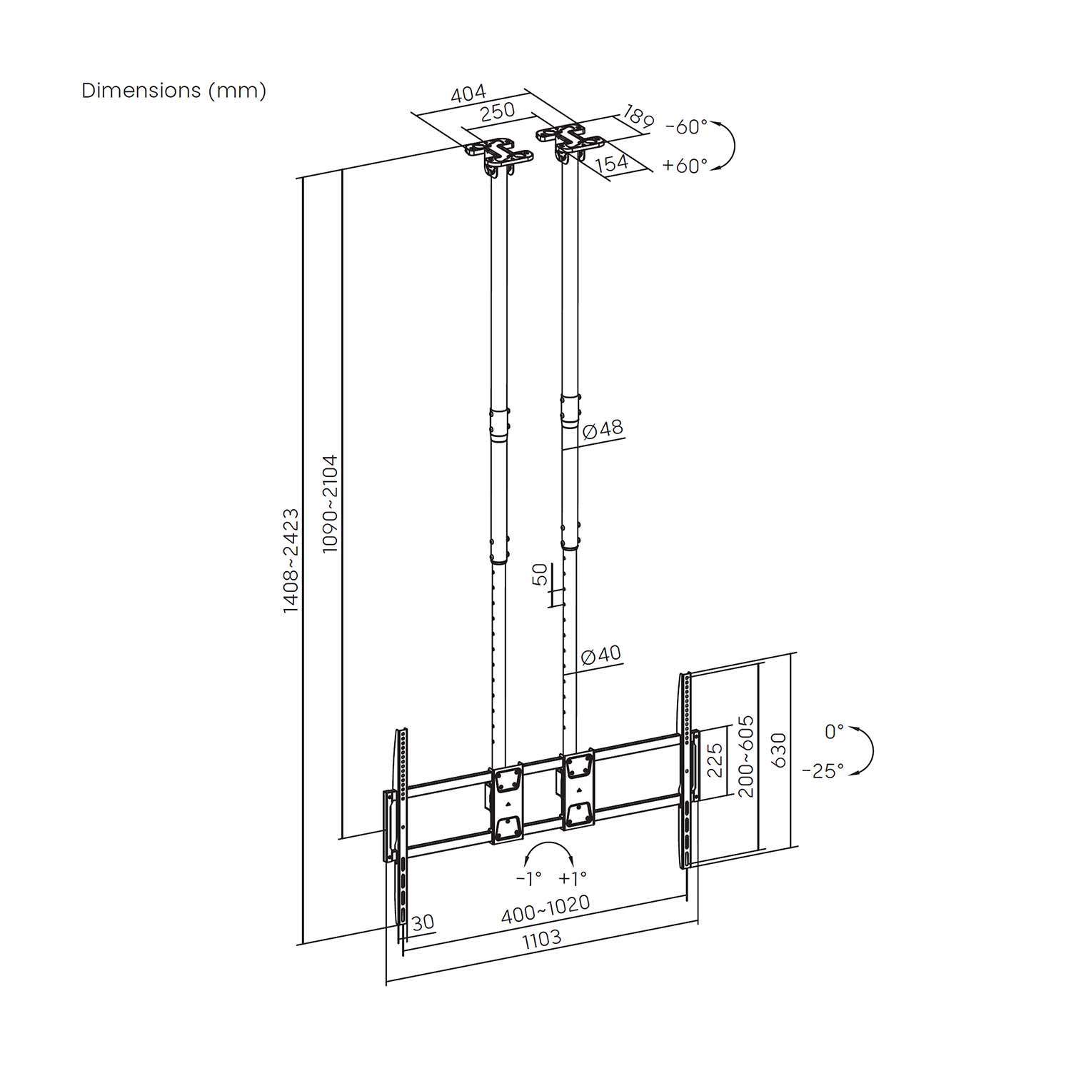 Disegno tecnico di un supporto da soffitto con dimensioni e angoli.