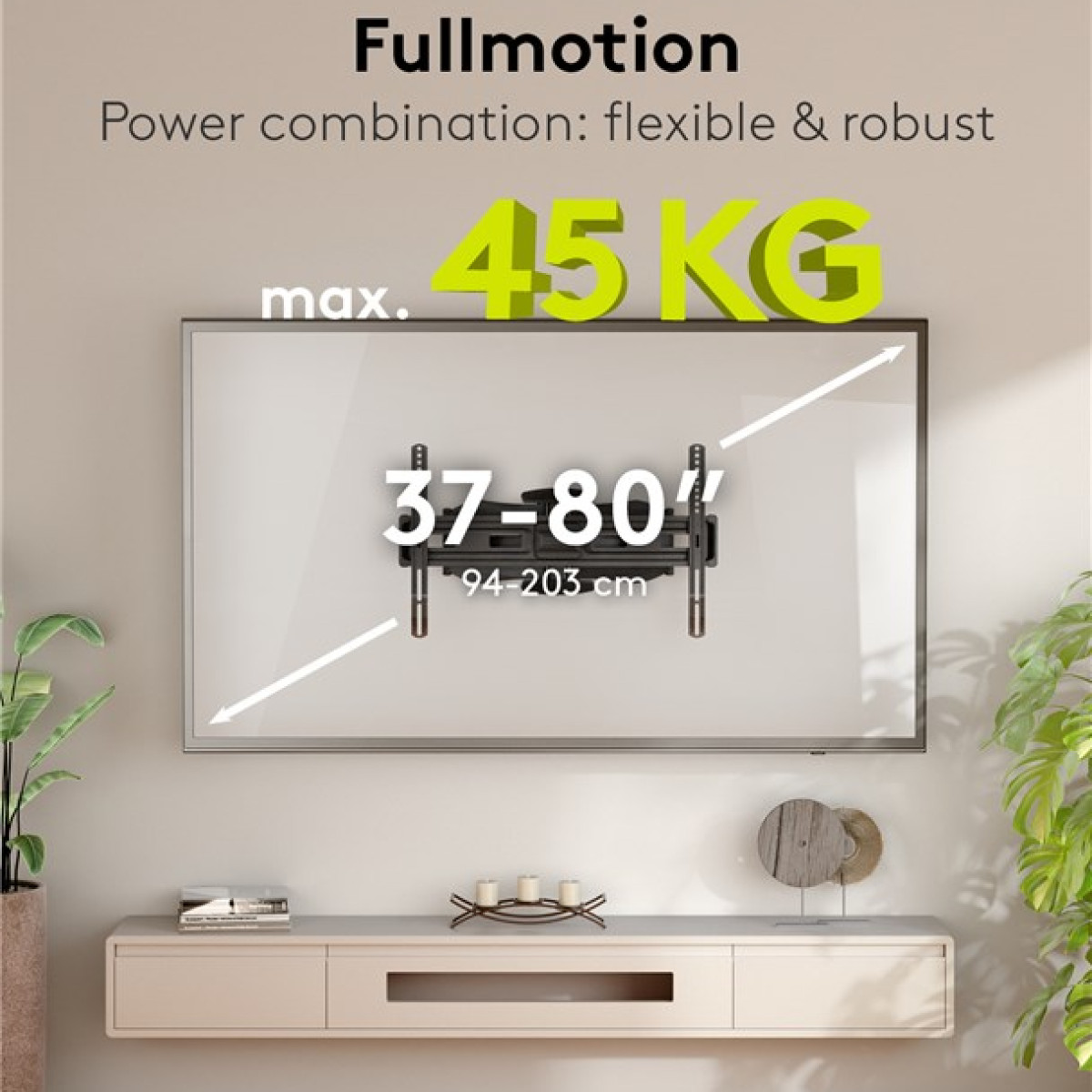 Supporto TV Fullmotion 37-80 pollici, max 45kg, flessibile e robusto.