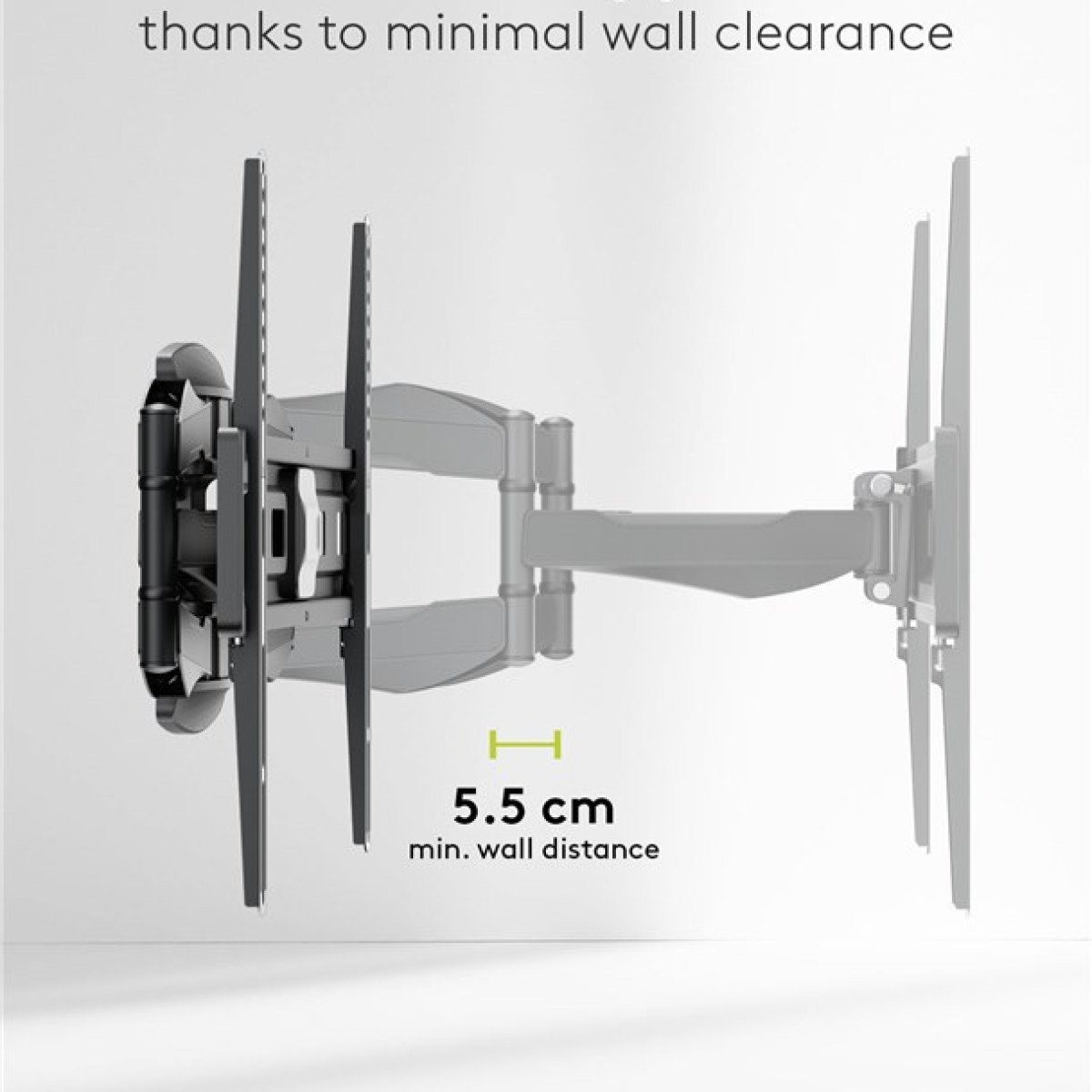 Un supporto da parete per TV grigio con braccio estensibile e distanza minima dal muro di 5,5 cm.