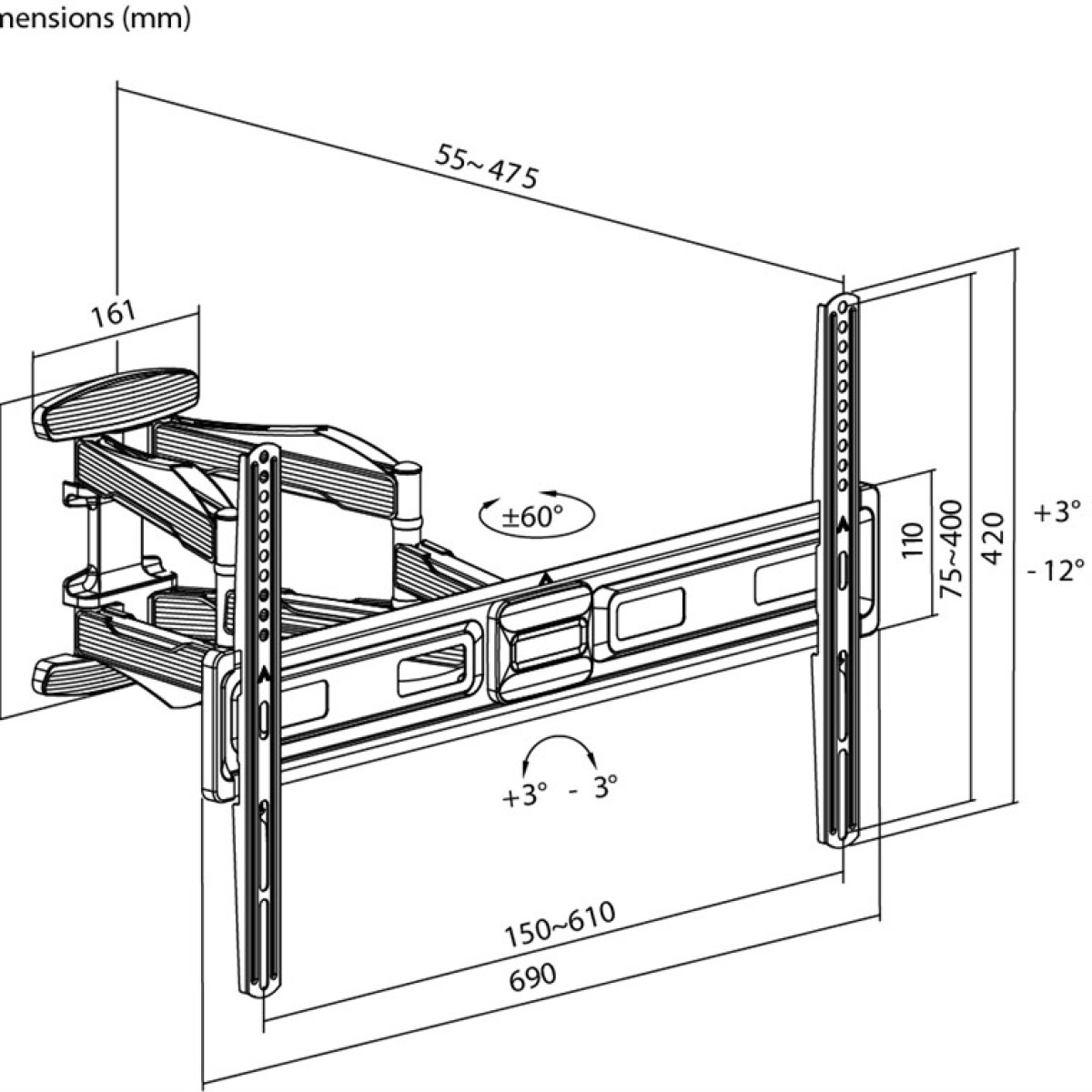 Disegno tecnico di un supporto TV girevole con dimensioni.