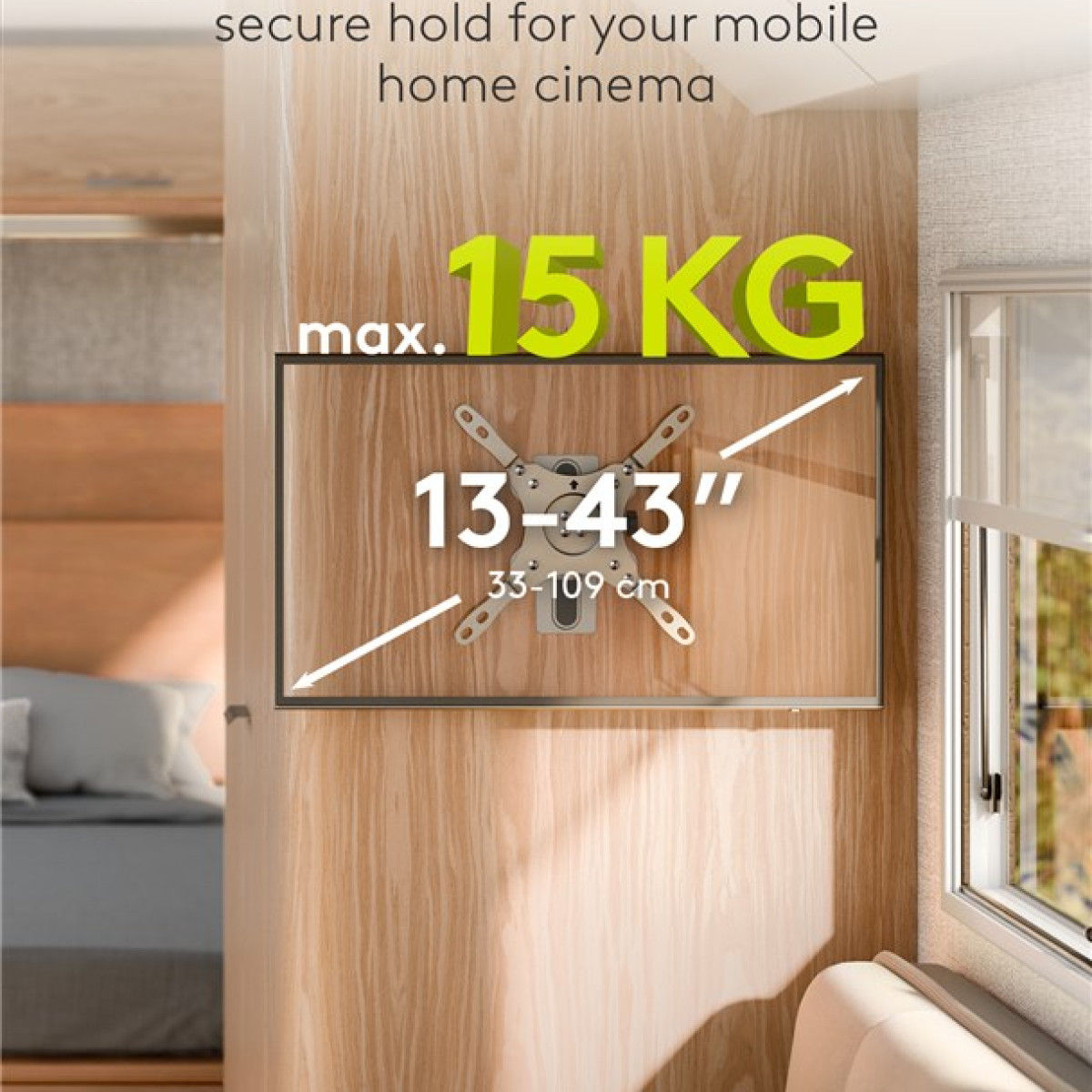 Supporto TV per schermi 13-43", max 15 kg, su parete in legno.