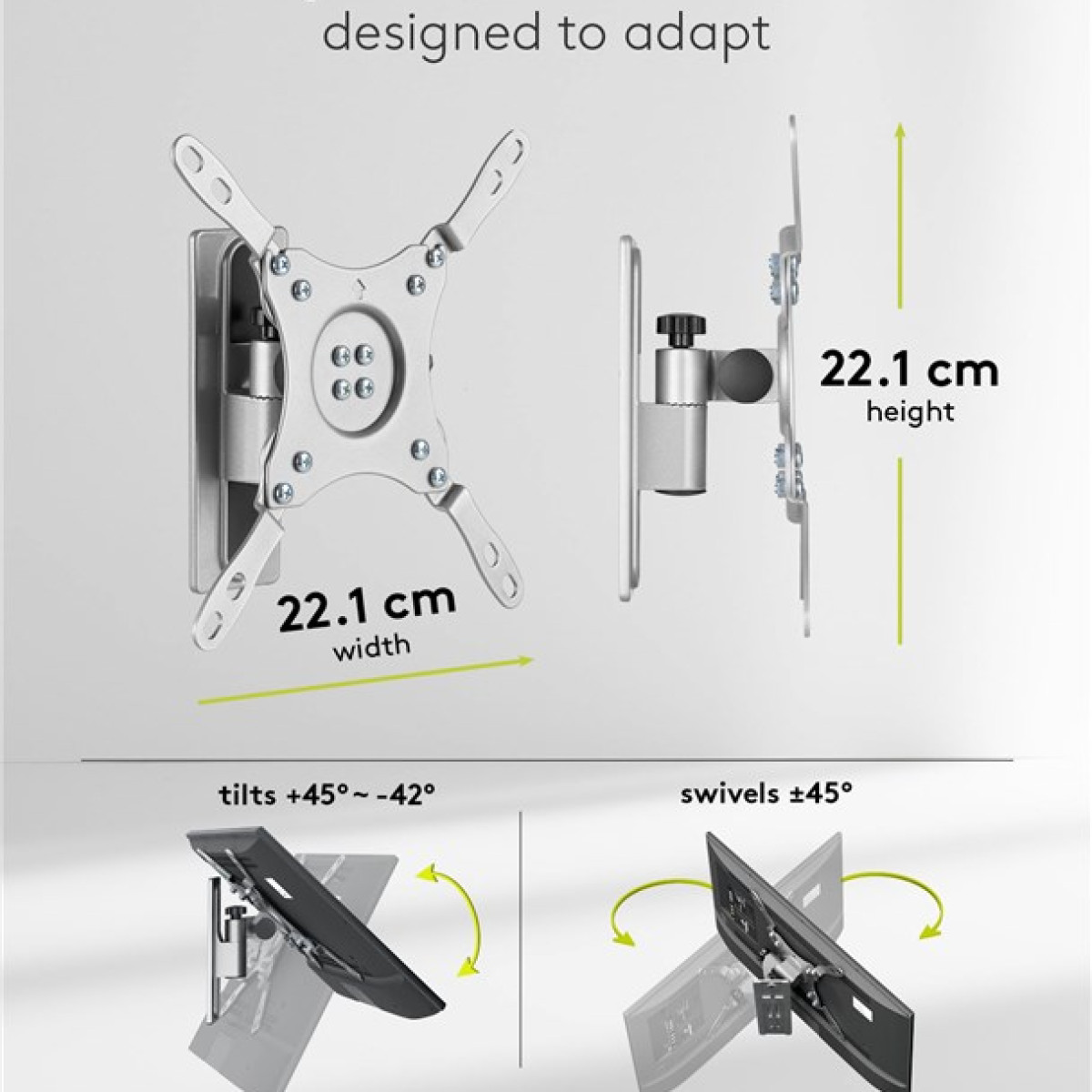 Supporto argento per monitor con larghezza e altezza 22,1 cm.