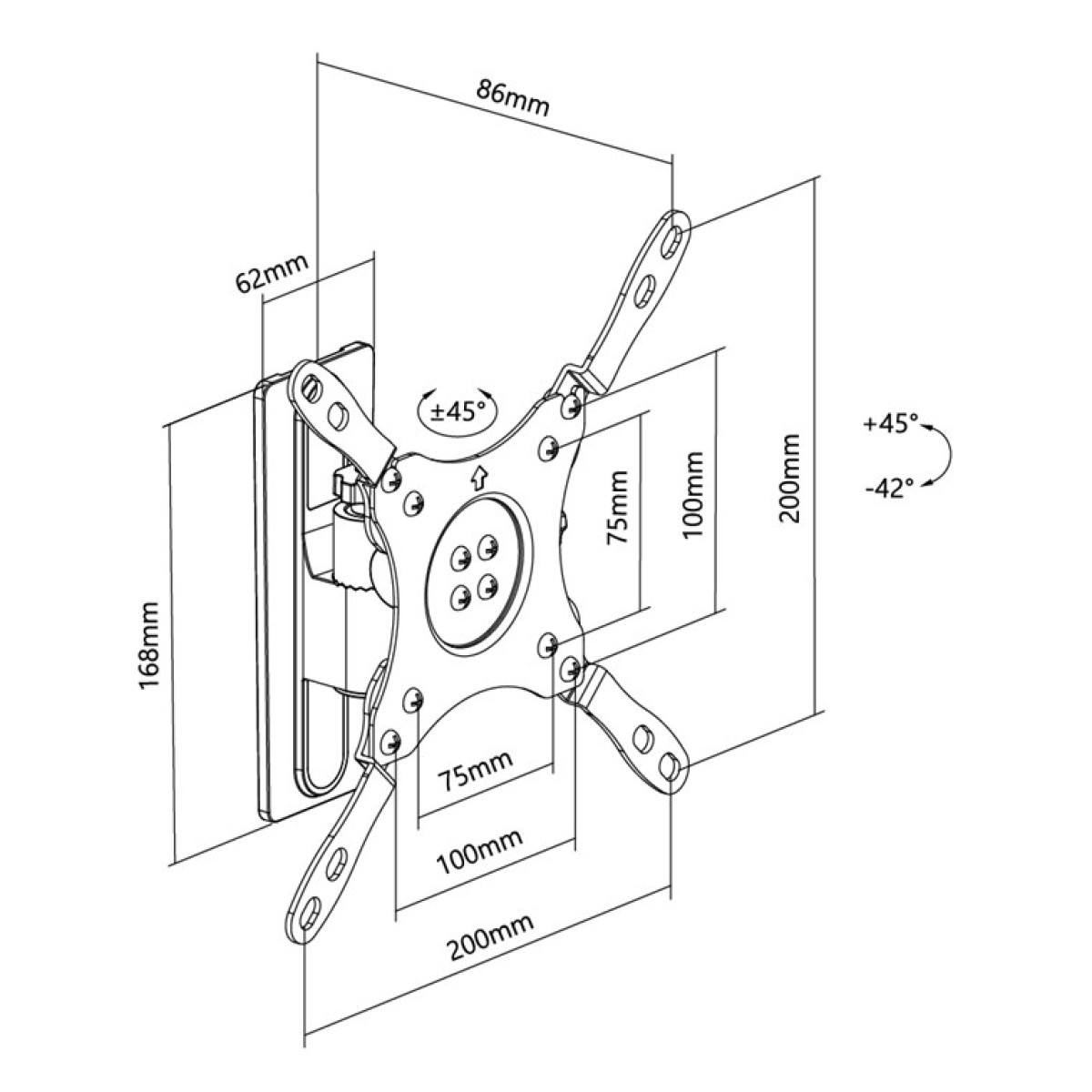 Disegno tecnico di un supporto per monitor con dimensioni.