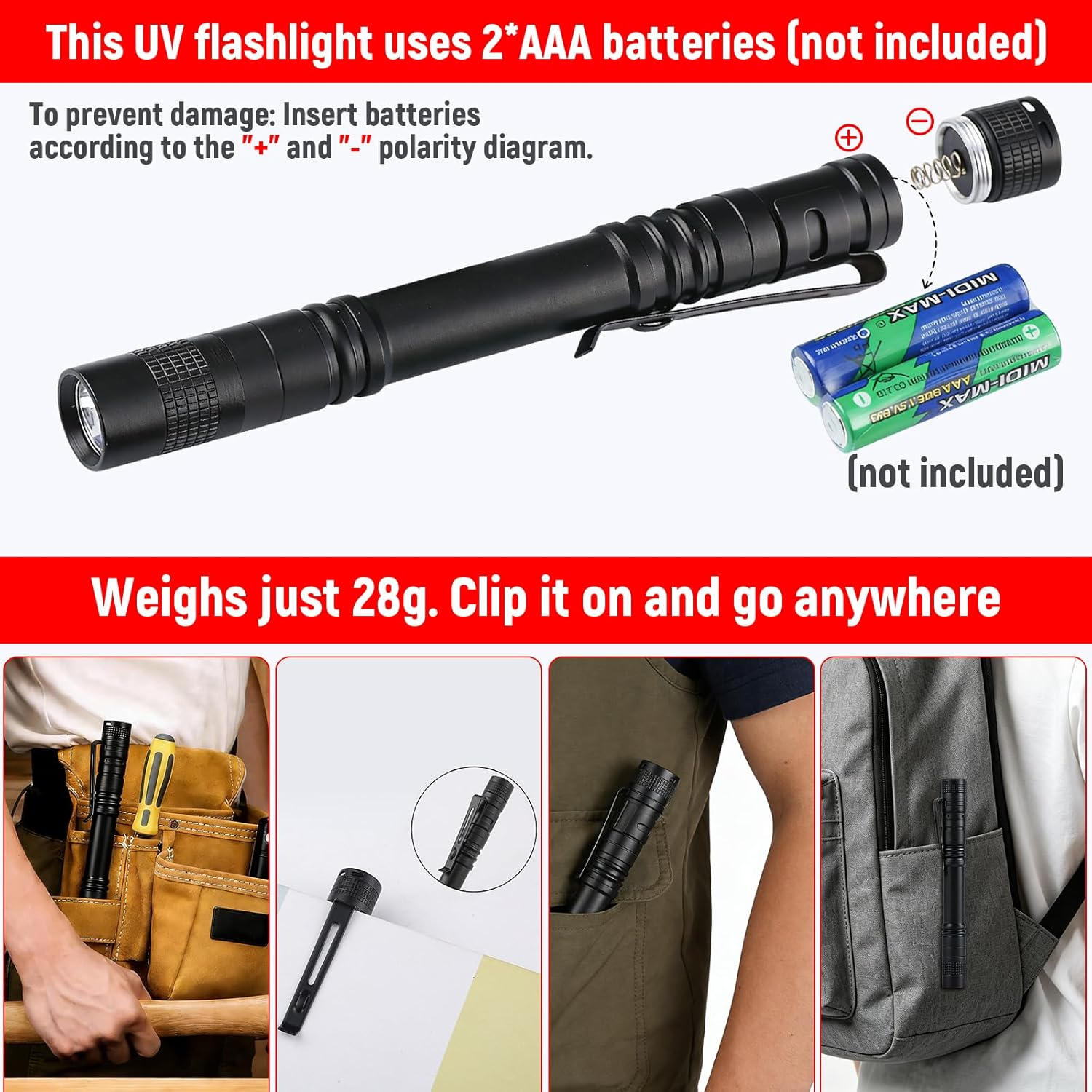 Schwarze UV-Taschenlampe mit Clip, die 2 AAA-Batterien benötigt (nicht enthalten).