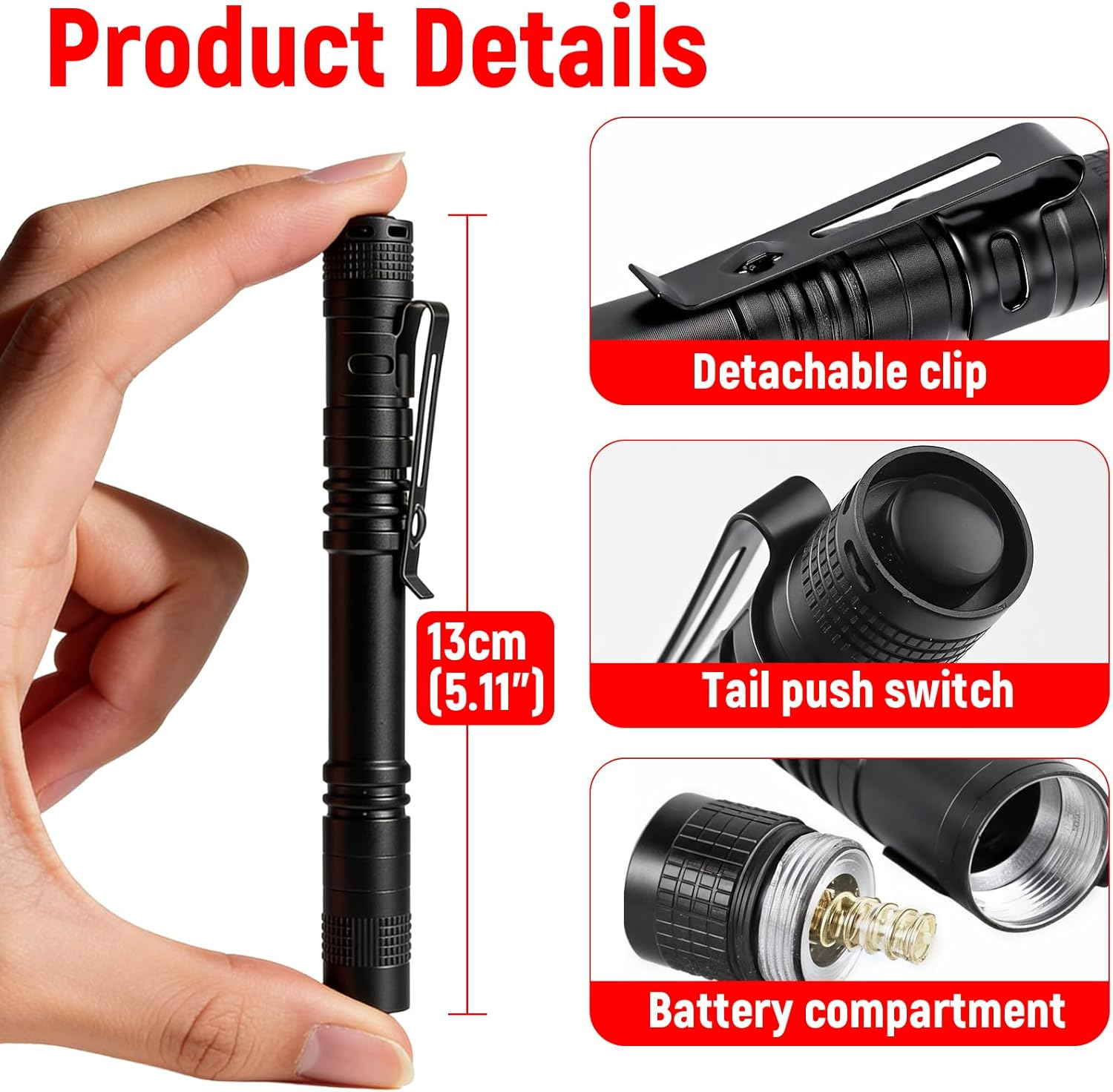 Details einer schwarzen Taschenlampe: Größe, abnehmbarer Clip, Schalter, Batteriefach.