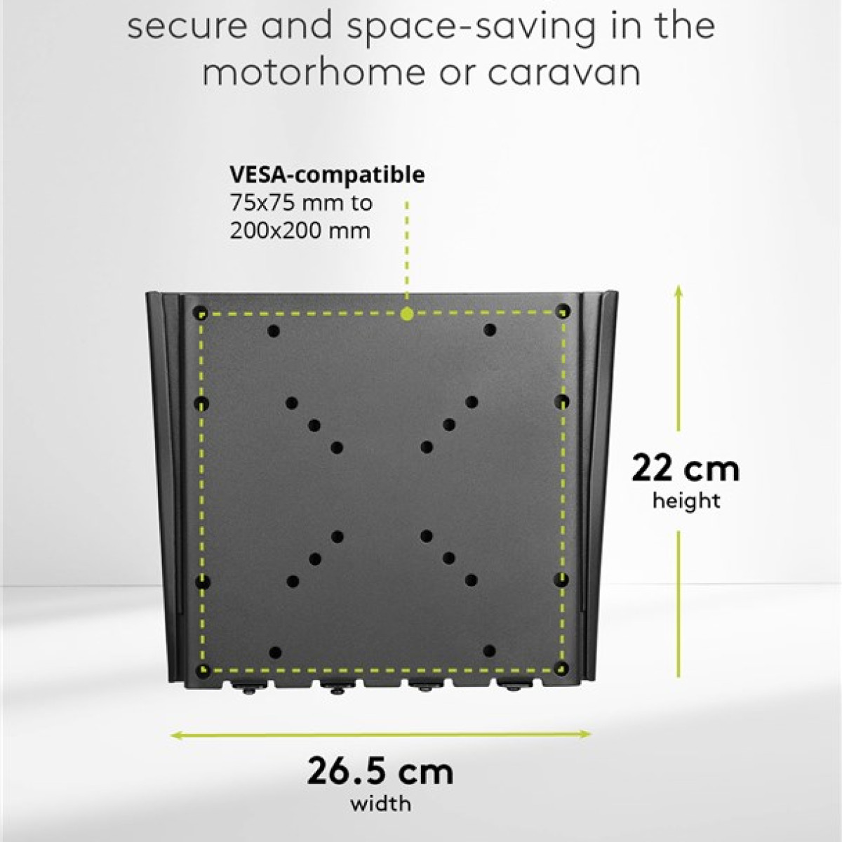 Un supporto da parete TV nero compatibile VESA, largo 26,5 cm e alto 22 cm.