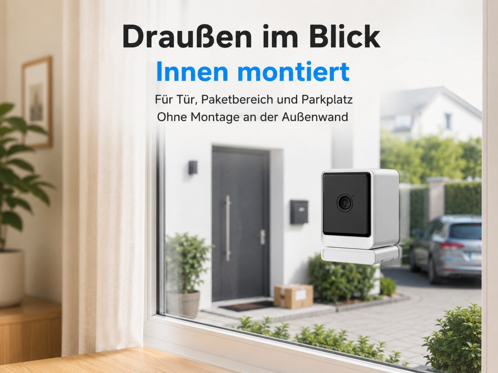 Weiße Überwachungskamera innen montiert mit Blick nach draußen auf eine Haustür.