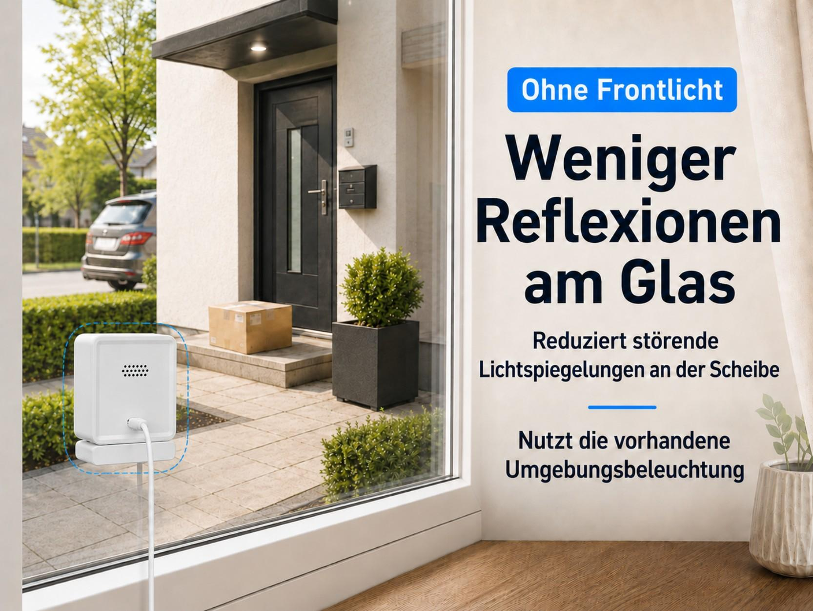 Weiße Kamera an der Türschwelle, Paket vor der Tür, mit Text über weniger Reflexion.