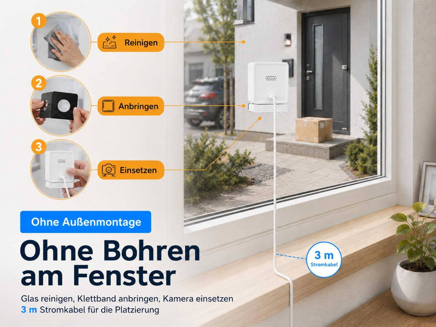 Anleitung: Fenster reinigen, Halterung anbringen, Kamera einsetzen. Ohne Bohren.