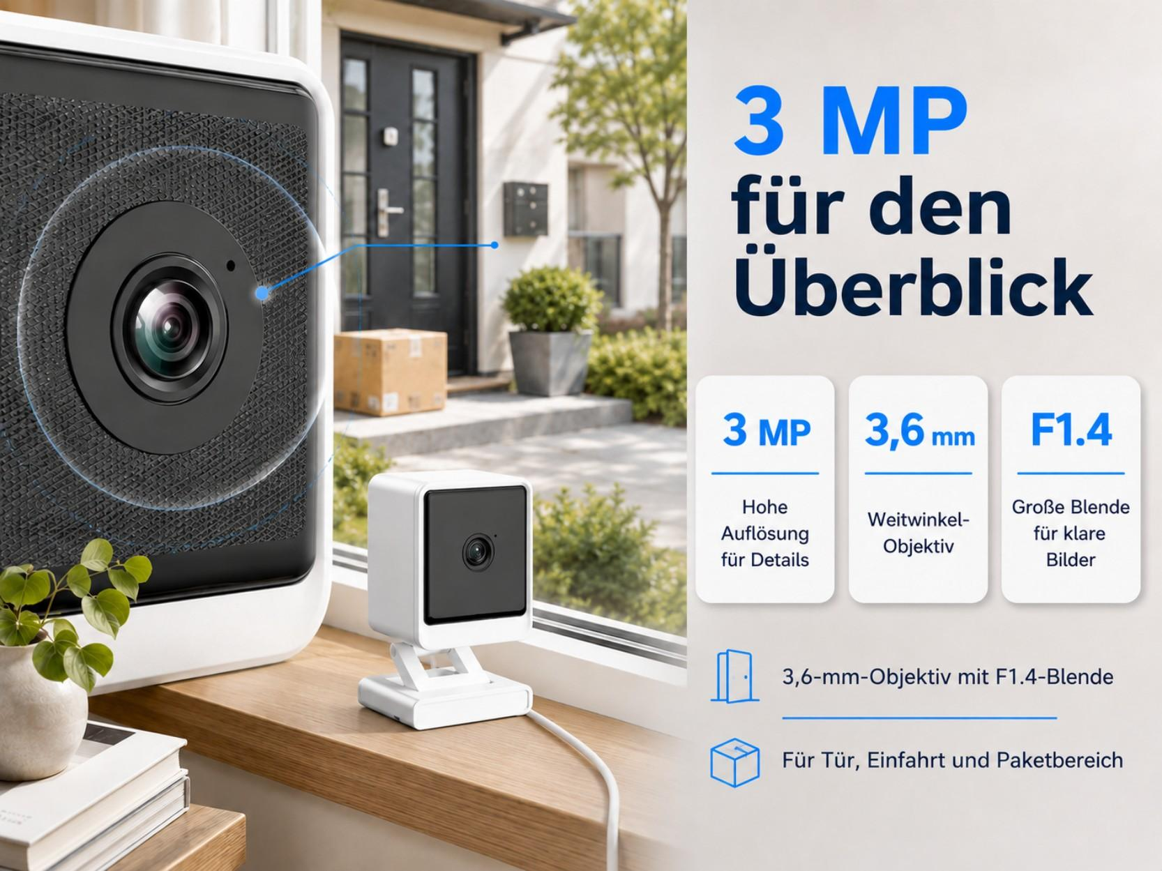 Eine Überwachungskamera mit 3 MP, Weitwinkelobjektiv und F1.4-Blende.