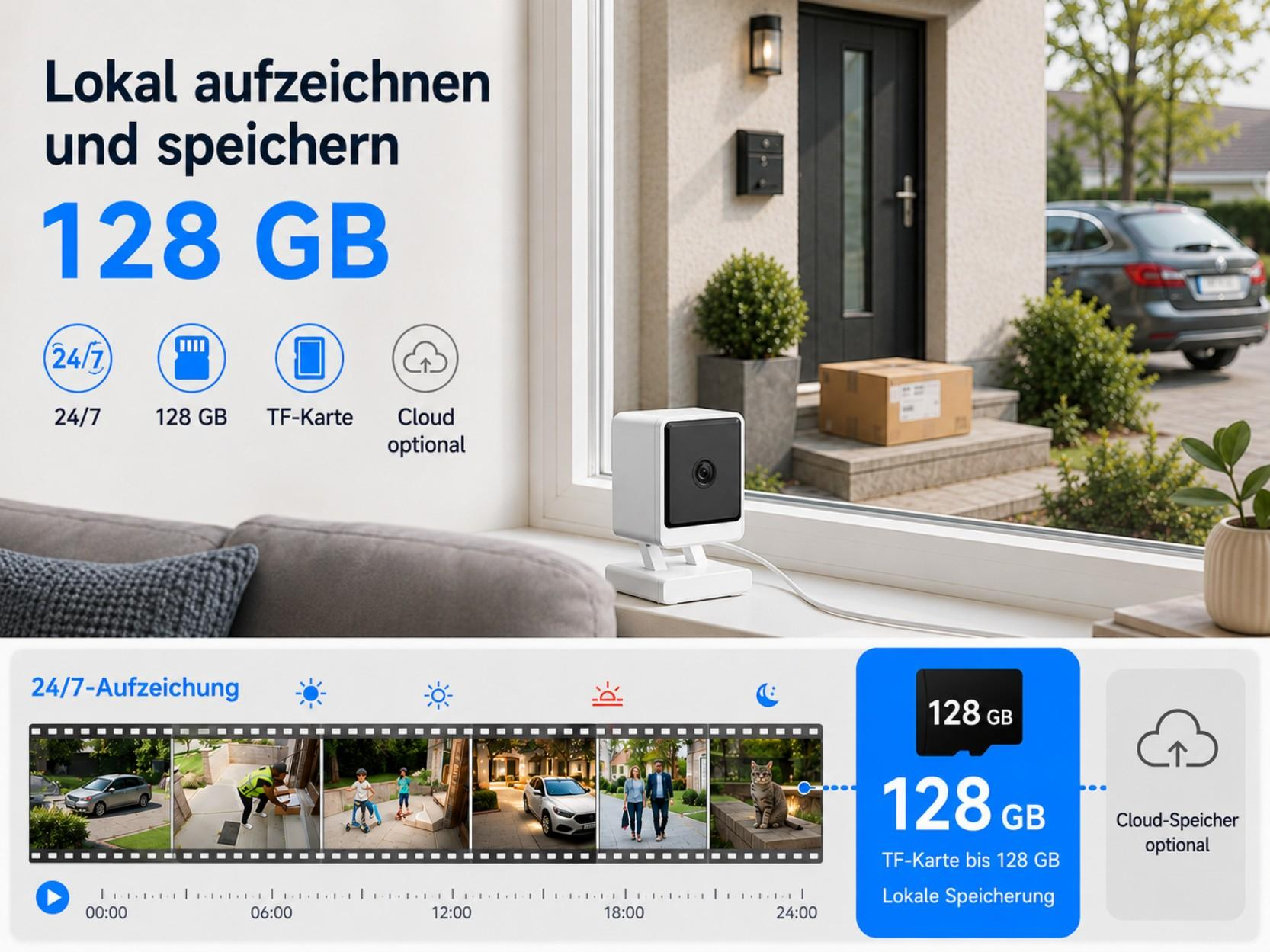 Überwachungskamera mit 128 GB Speicheroptionen: 24/7, TF-Karte, Cloud.