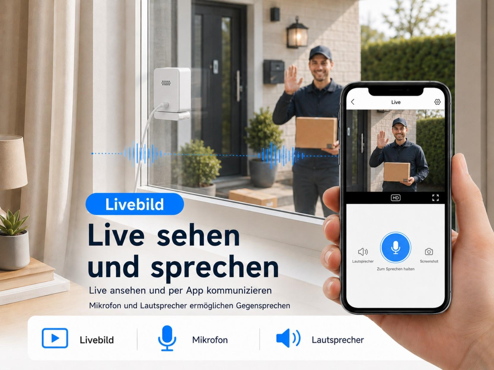 Mann liefert Paket, Handy zeigt Live-Bild der Kamera.