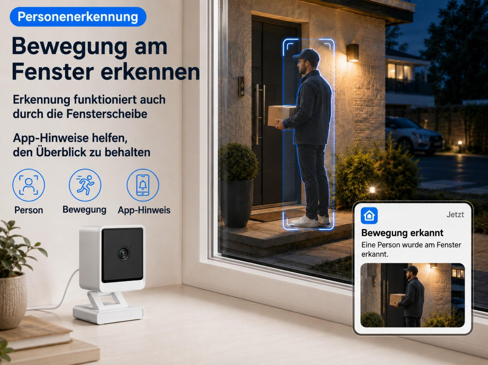 Personenerkennung: Mann mit Paket an Tür, Kamera-App-Benachrichtigung.