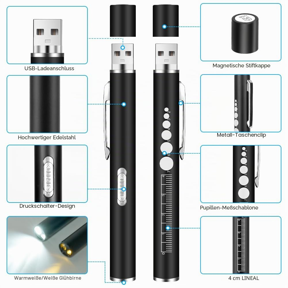 Detailansicht einer schwarzen Stiftlampe mit USB-Anschluss, Clip und Messskalen.