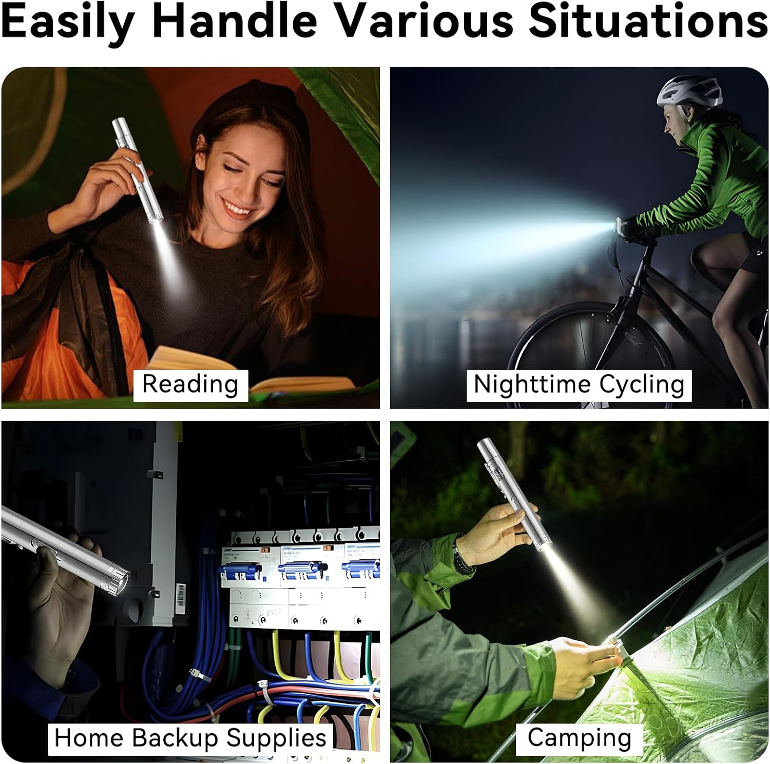 Collage aus vier Szenen: Lesen, Radfahren bei Nacht, Elektroarbeiten, Camping.