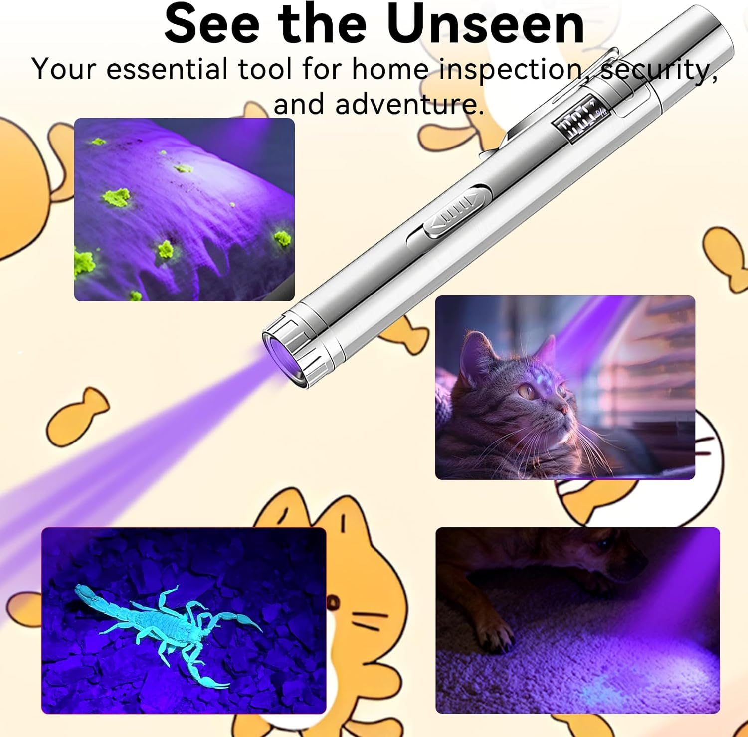 UV-Lampe beleuchtet Skorpion, Katze, Teppich und Pflanze.