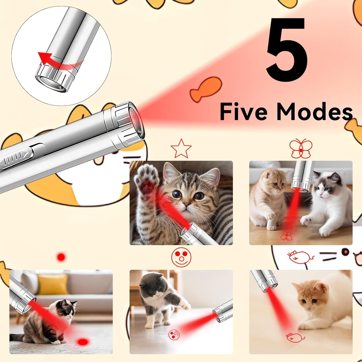Ein Laserpointer mit roten Mustern für Katzen. Zeigt 5 Modi.