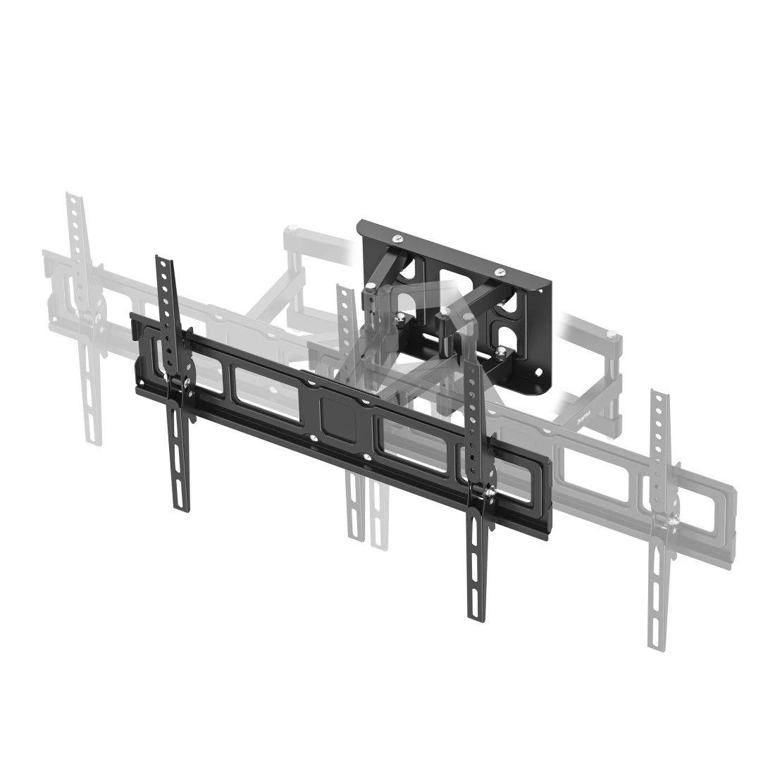 Supporto da parete TV nero con bracci regolabili su sfondo bianco.