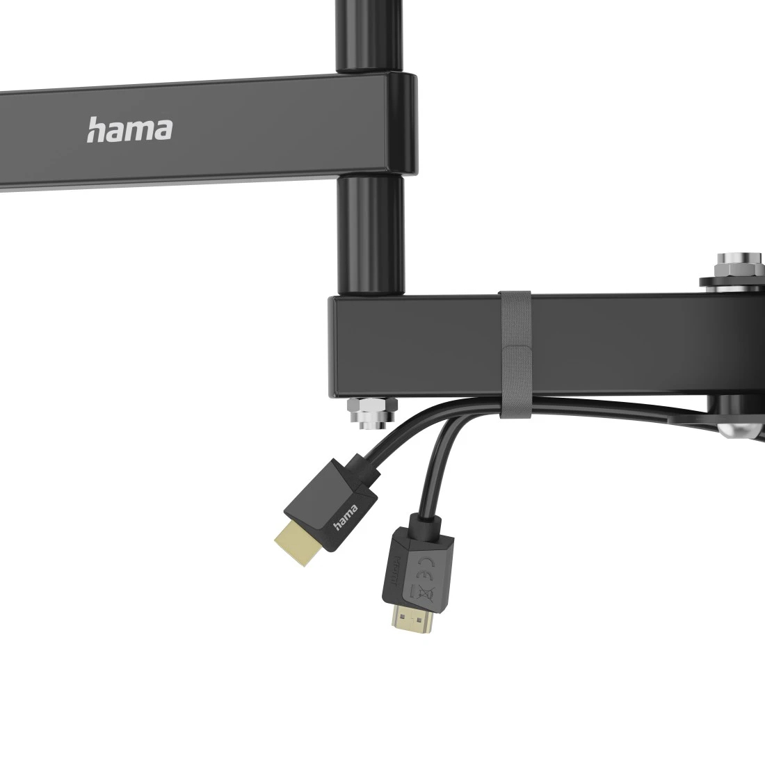 Supporto Hama nero con cavi HDMI e USB su sfondo bianco.