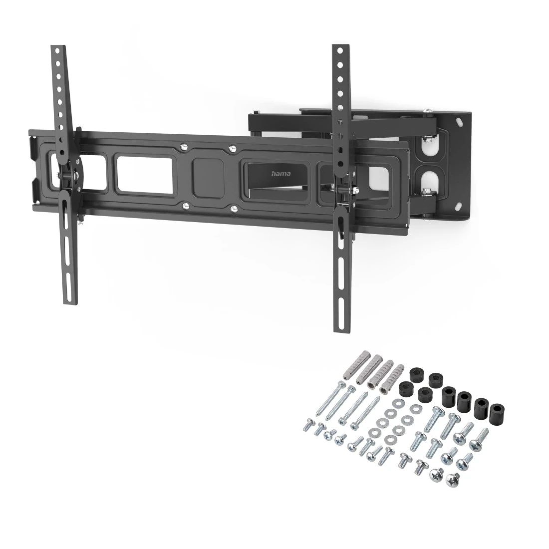 Supporto da parete nero per TV con hardware di montaggio.