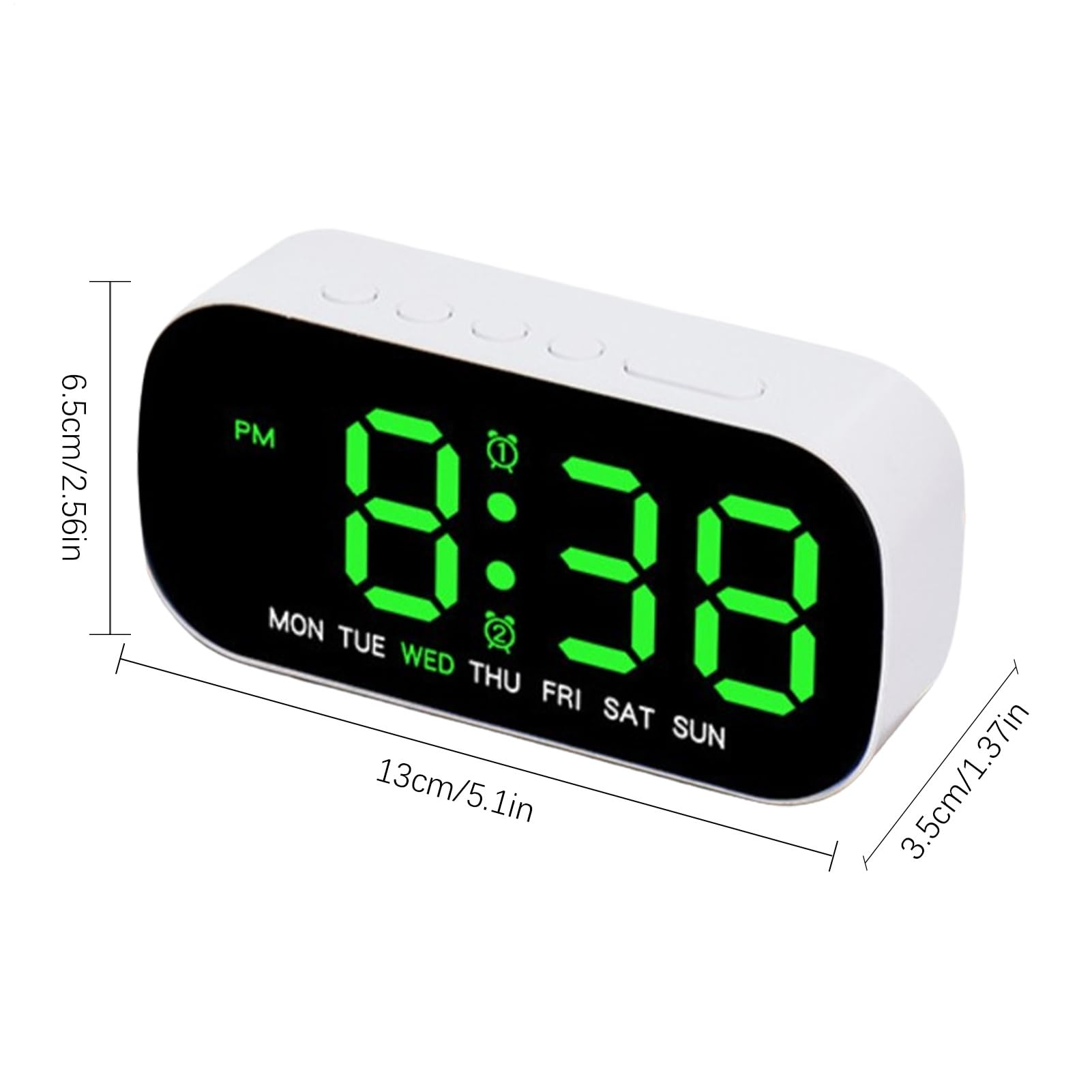 Digitaluhr mit grünen Ziffern zeigt 8:38 und Wochentage an.