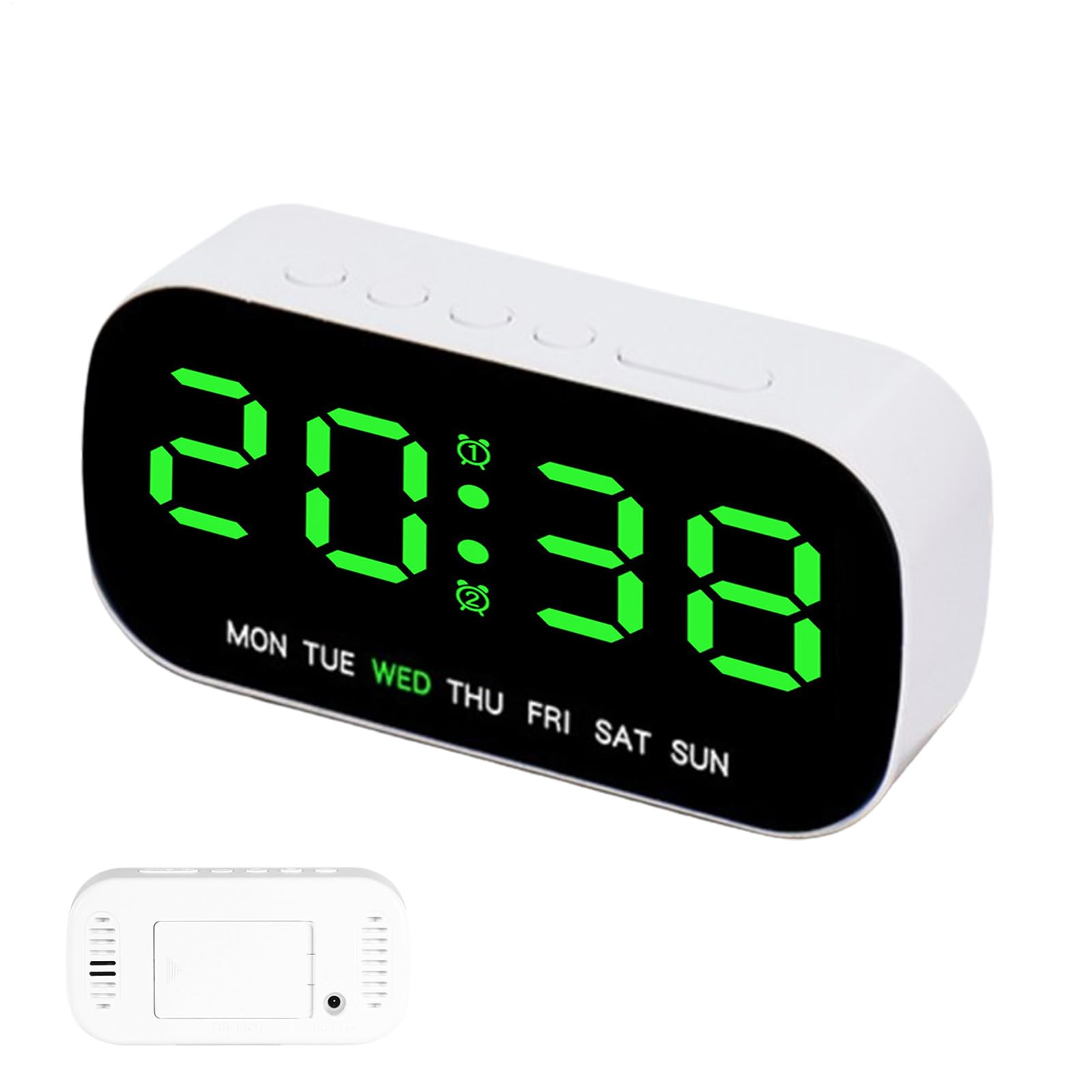 Digitaluhr zeigt 20:38, mit Tagen von Montag bis Sonntag.