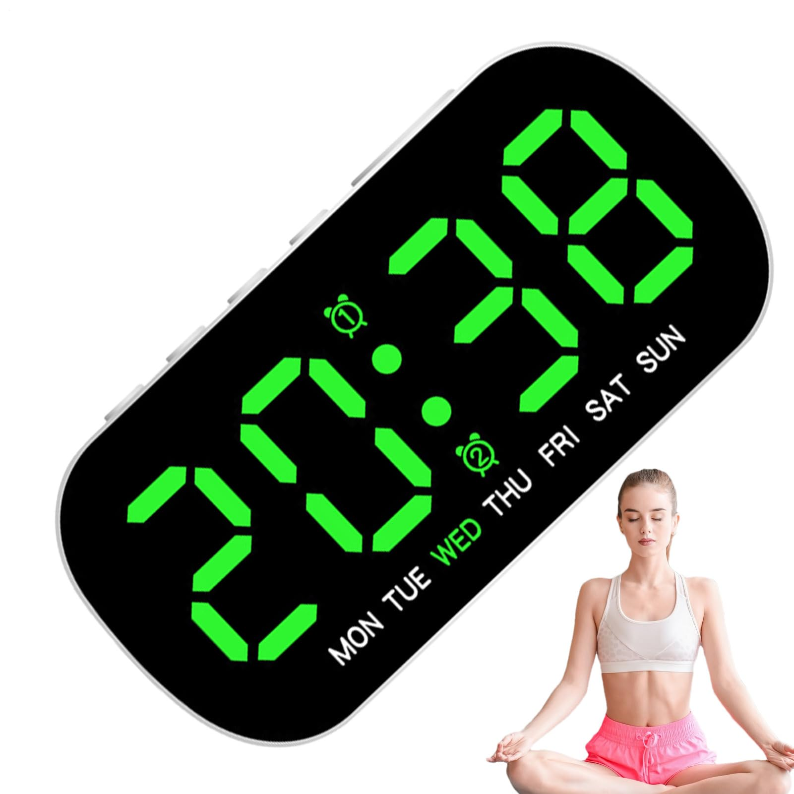 Digitaluhr zeigt 20:38 mit Alarmen und Tagen, neben einer Frau in Meditationshaltung.