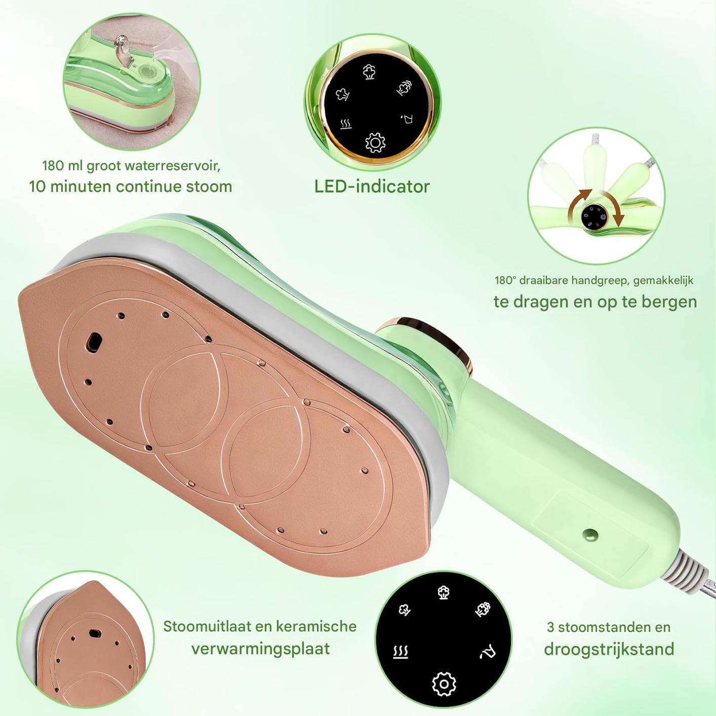Grünes Dampfbügeleisen mit Kupfersohle, LED-Anzeigen und 180-ml-Wassertank.