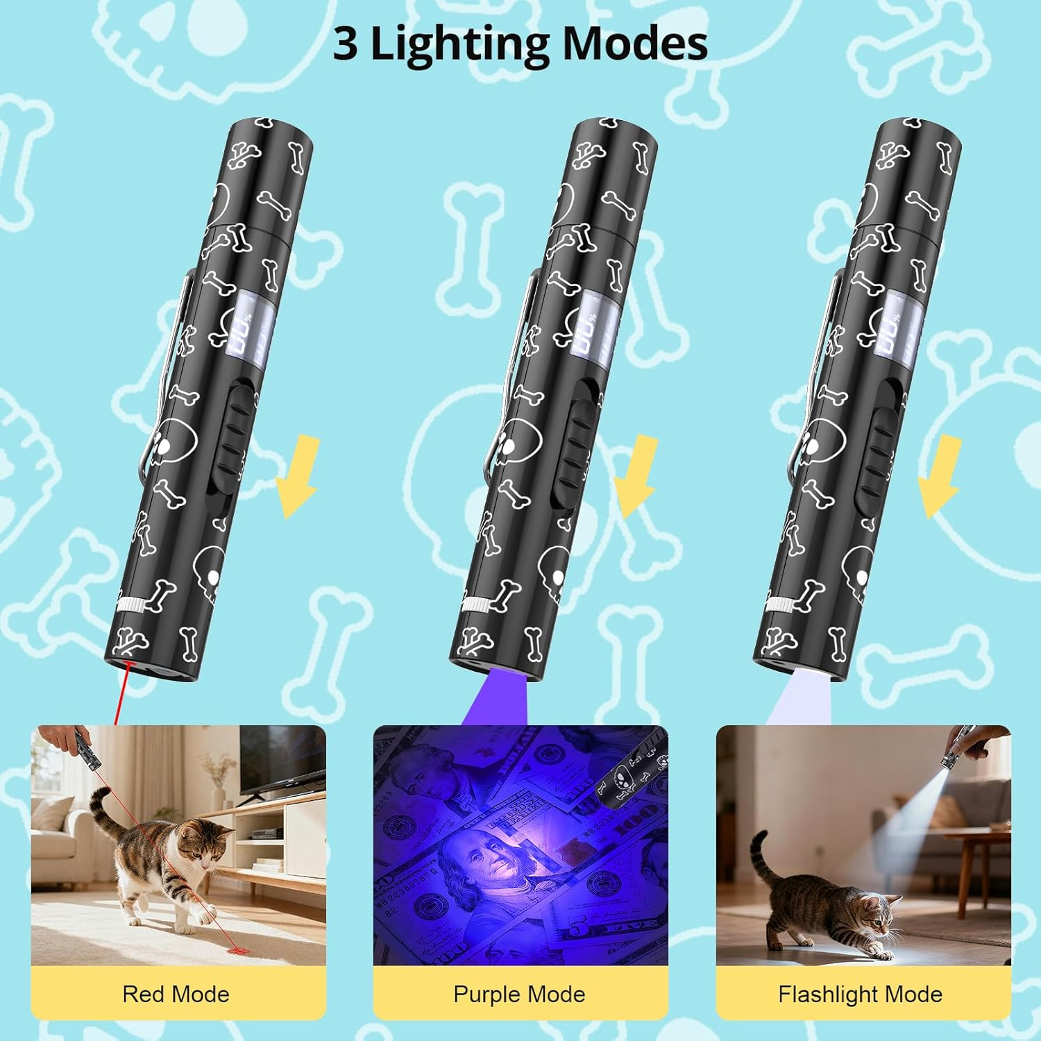 Drei Laserpointer im Totenkopf-Design: Rot, Lila und Taschenlampe.