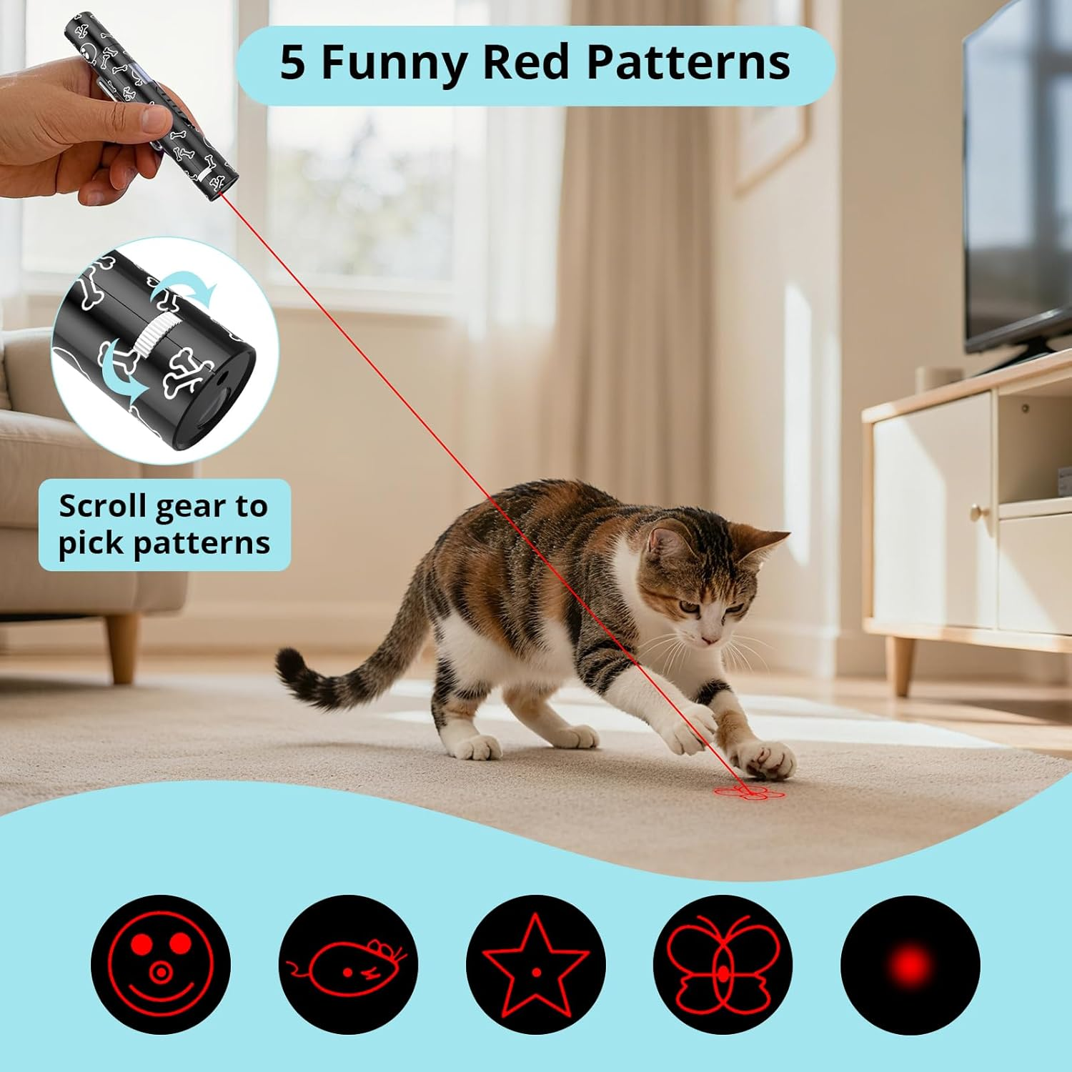 Eine Katze jagt einen roten Laserpunkt auf einem Teppich, der von einem Gerät projiziert wird.