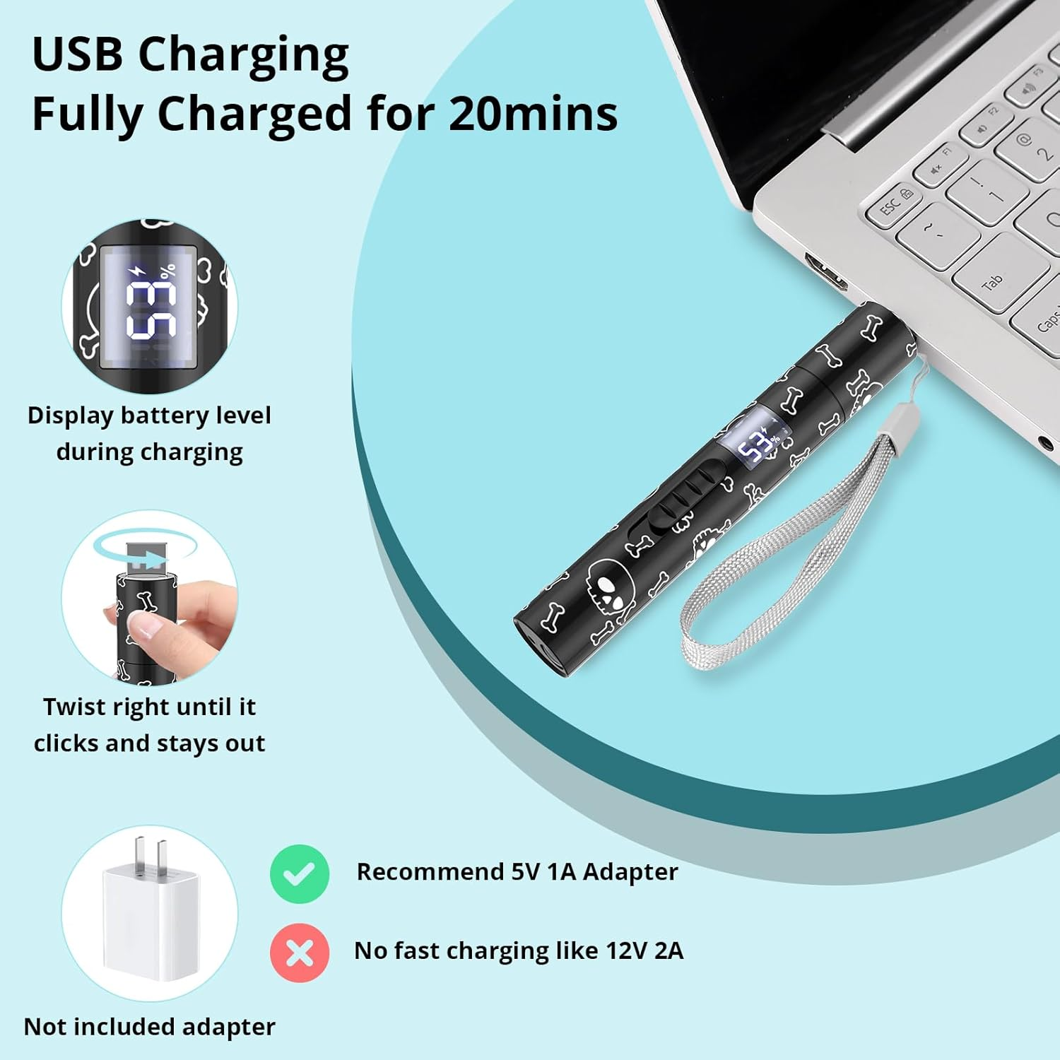 USB-Ladegerät mit Totenkopf-/Knochen-Design, an Laptop angeschlossen. Zeigt 53 % Ladung.