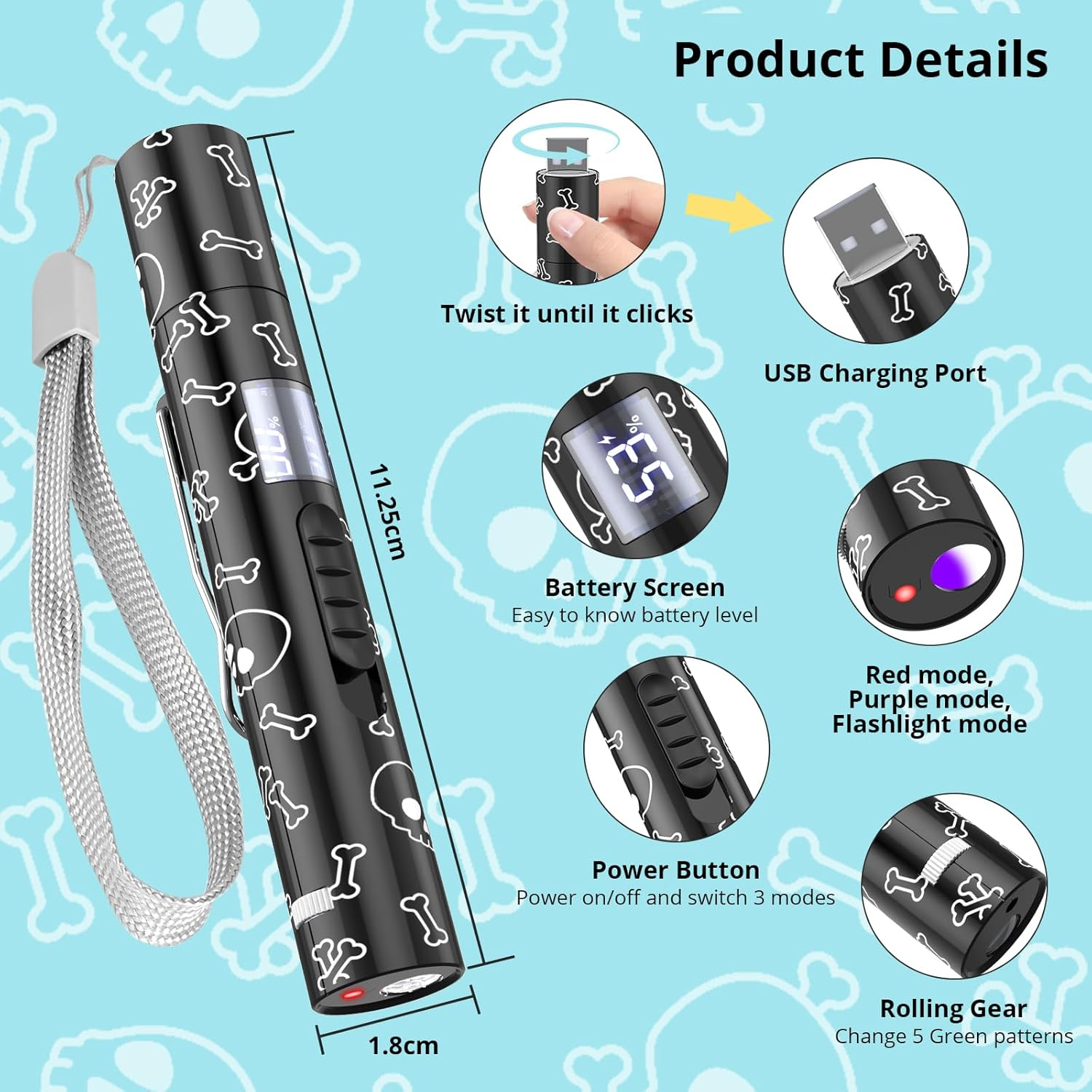 Produktdetails eines schwarzen Geräts mit Totenkopf- und Knochenmuster, das Größe, USB-Anschluss, Bildschirm und Modi zeigt.