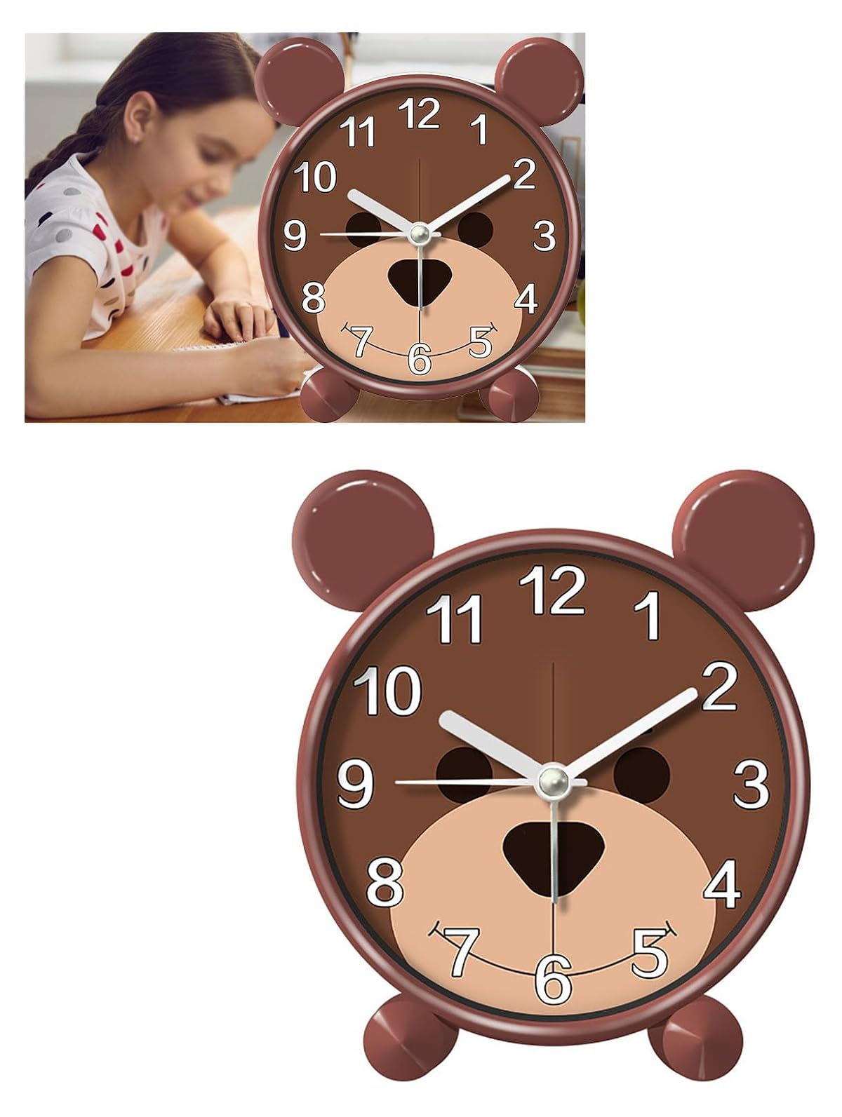 Ein Mädchen schreibt neben einem braunen Bären-Wecker. Die Uhr hat ein lächelndes Gesicht.