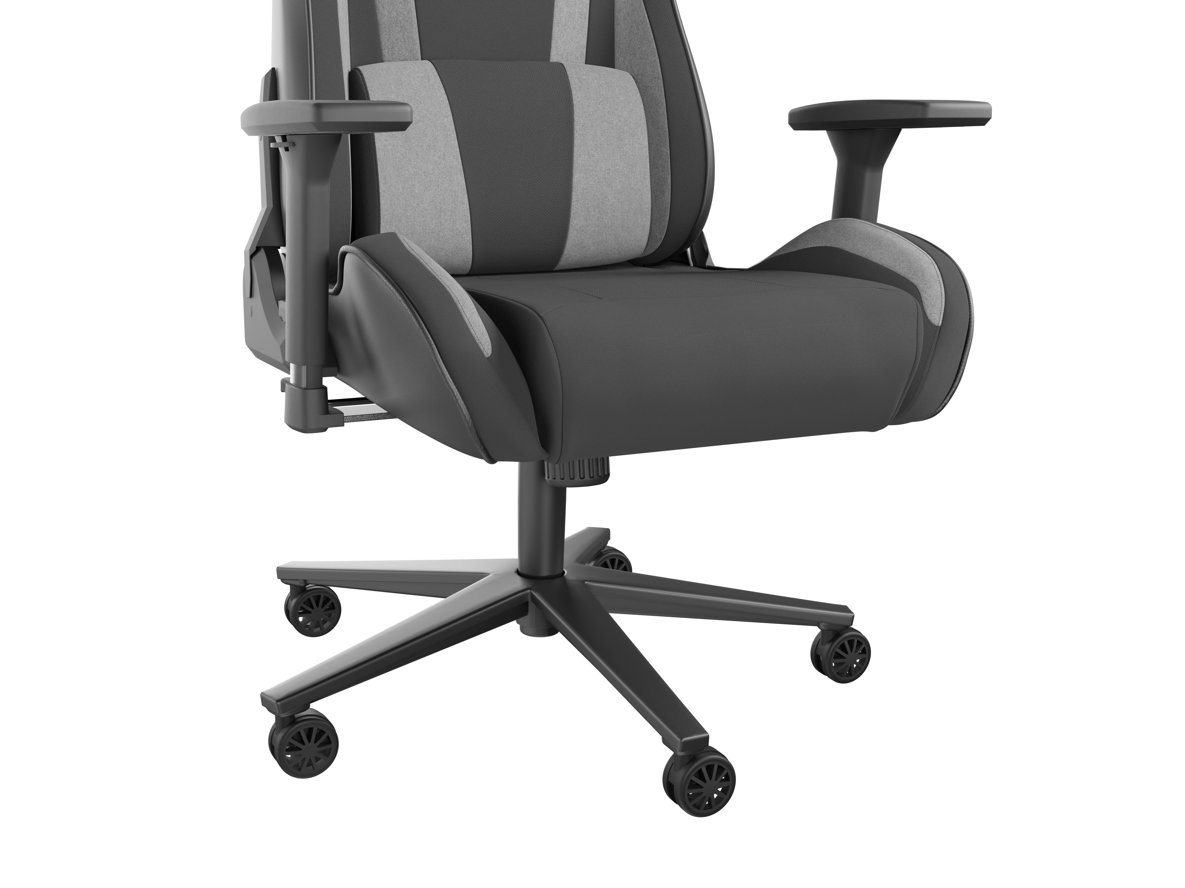 Een zwarte gamestoel met grijze accenten en wielen.