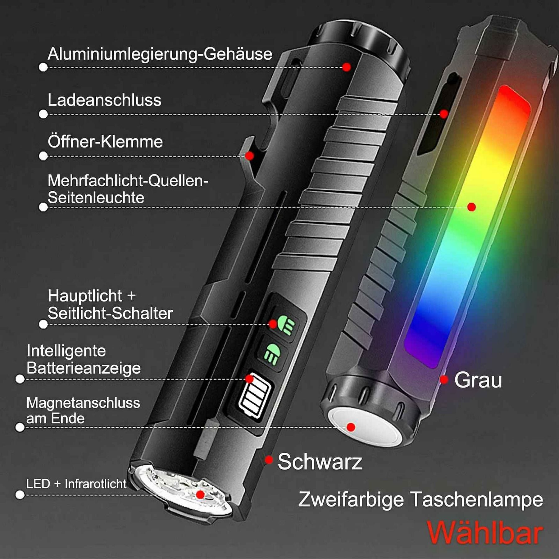 Zwei Taschenlampen, eine mit farbiger LED-Leiste, die andere schwarz mit Beschriftungen.