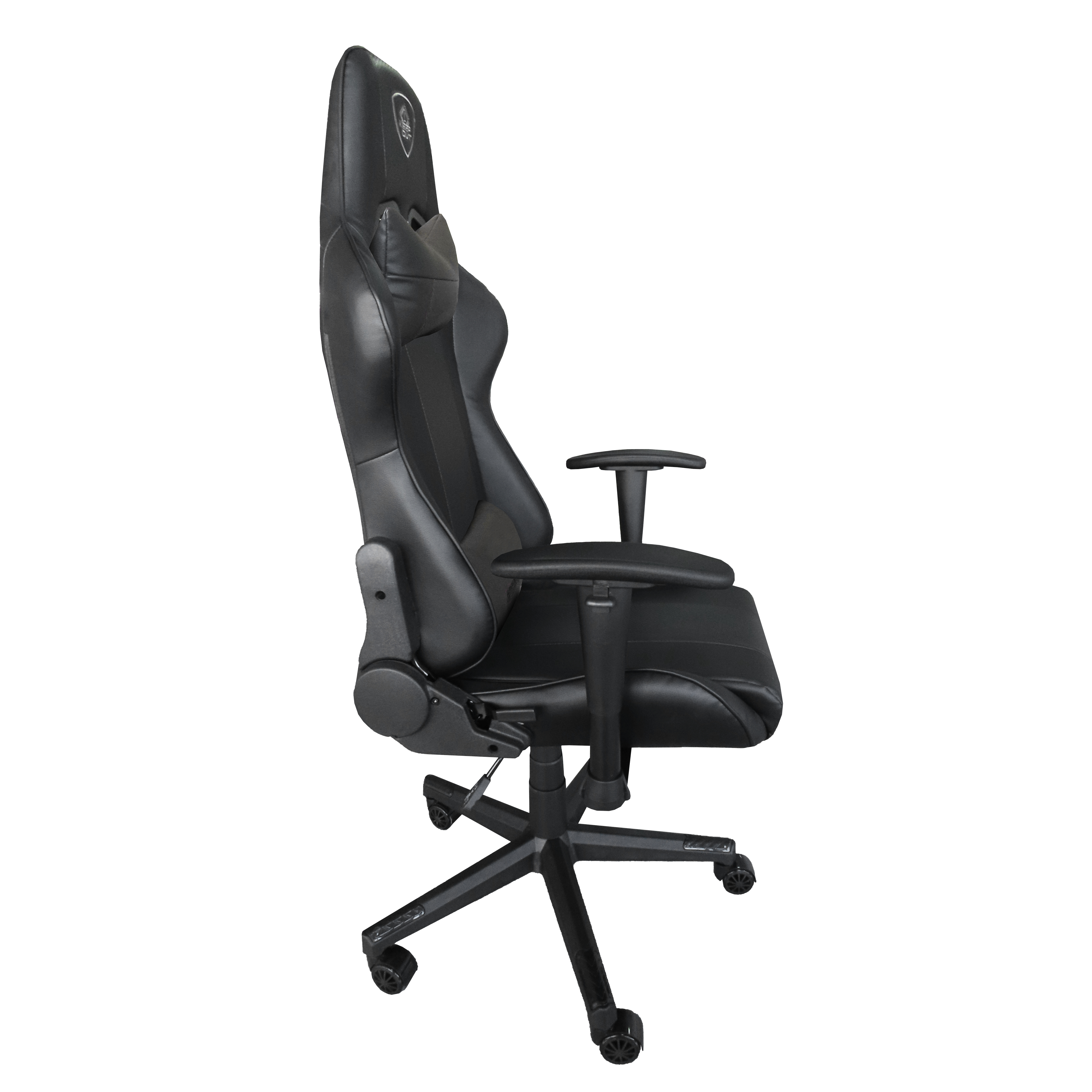 Sedia da gaming nera con braccioli regolabili e ruote.