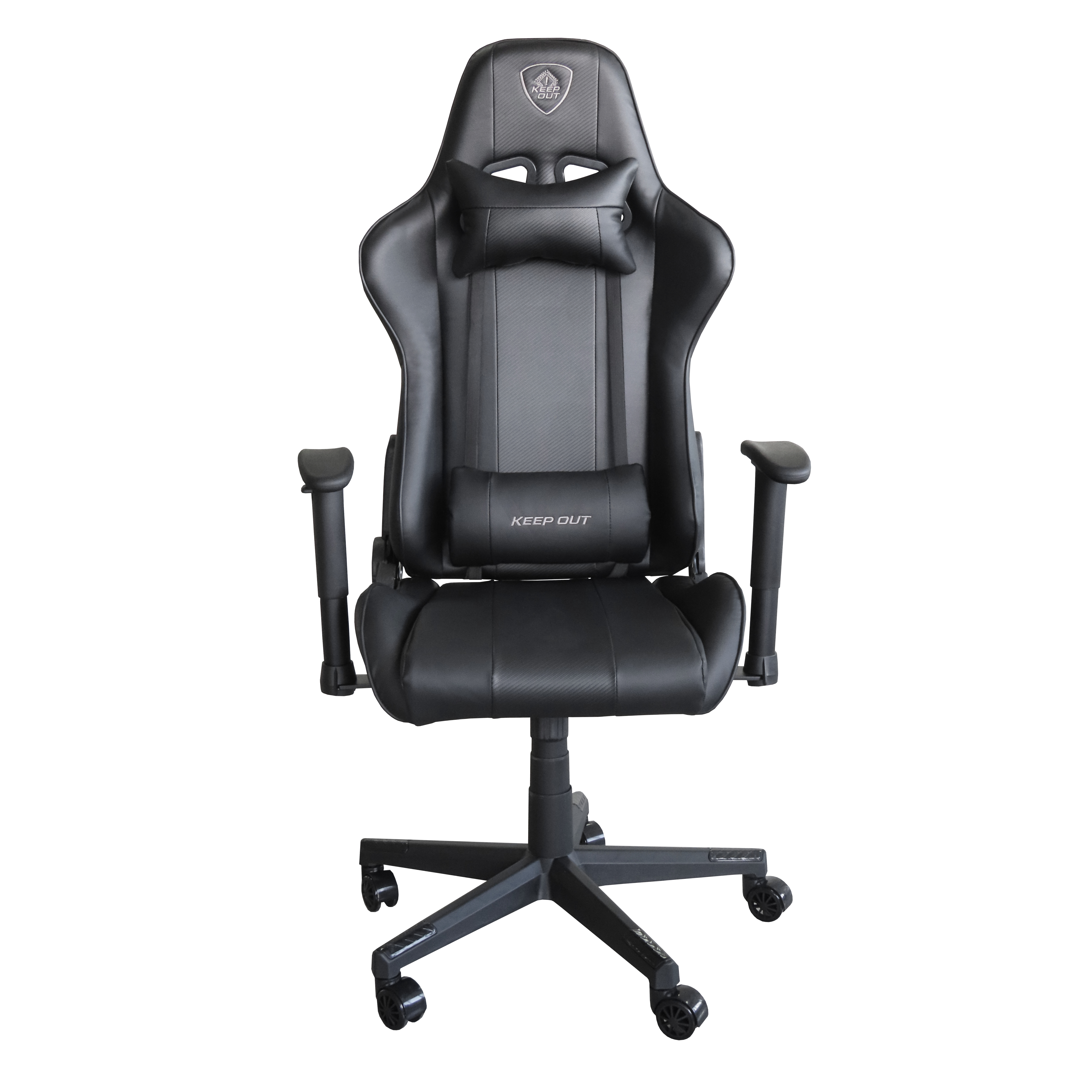 Sedia da gaming nera con poggiatesta e cuscino lombare. Sfondo bianco.