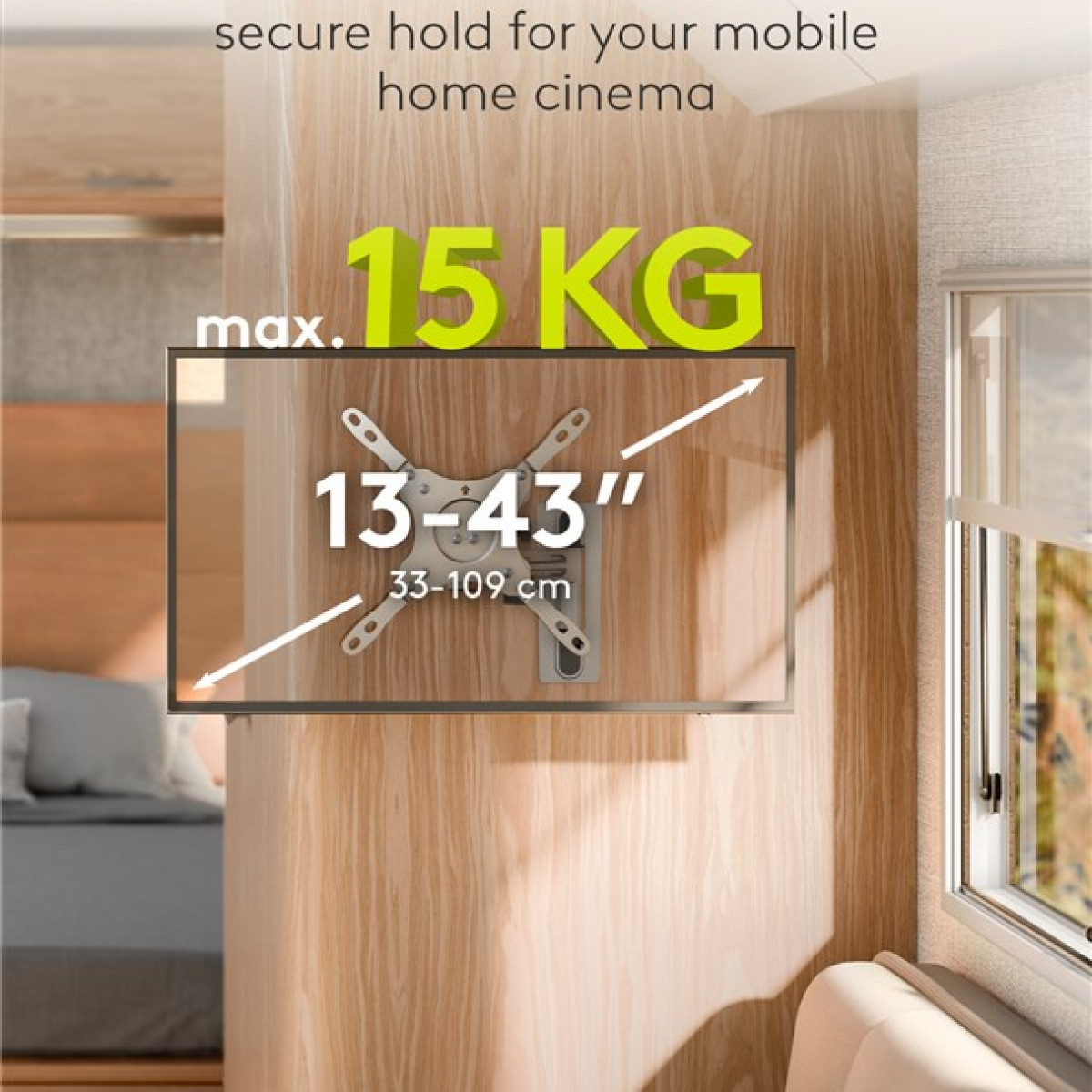 Supporto TV a muro 13-43", max 15 kg, parete effetto legno.