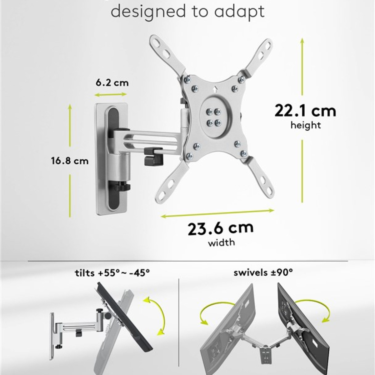 Un braccio per monitor argentato con dimensioni: H 22,1 cm, L 23,6 cm, P 6,2 cm.