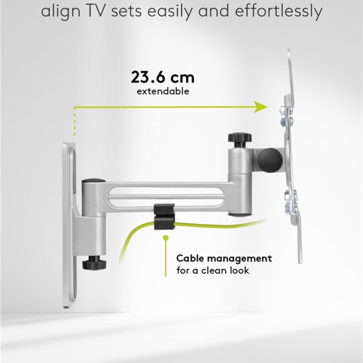 Supporto da parete TV argento, estensibile 23,6 cm, con gestione cavi.