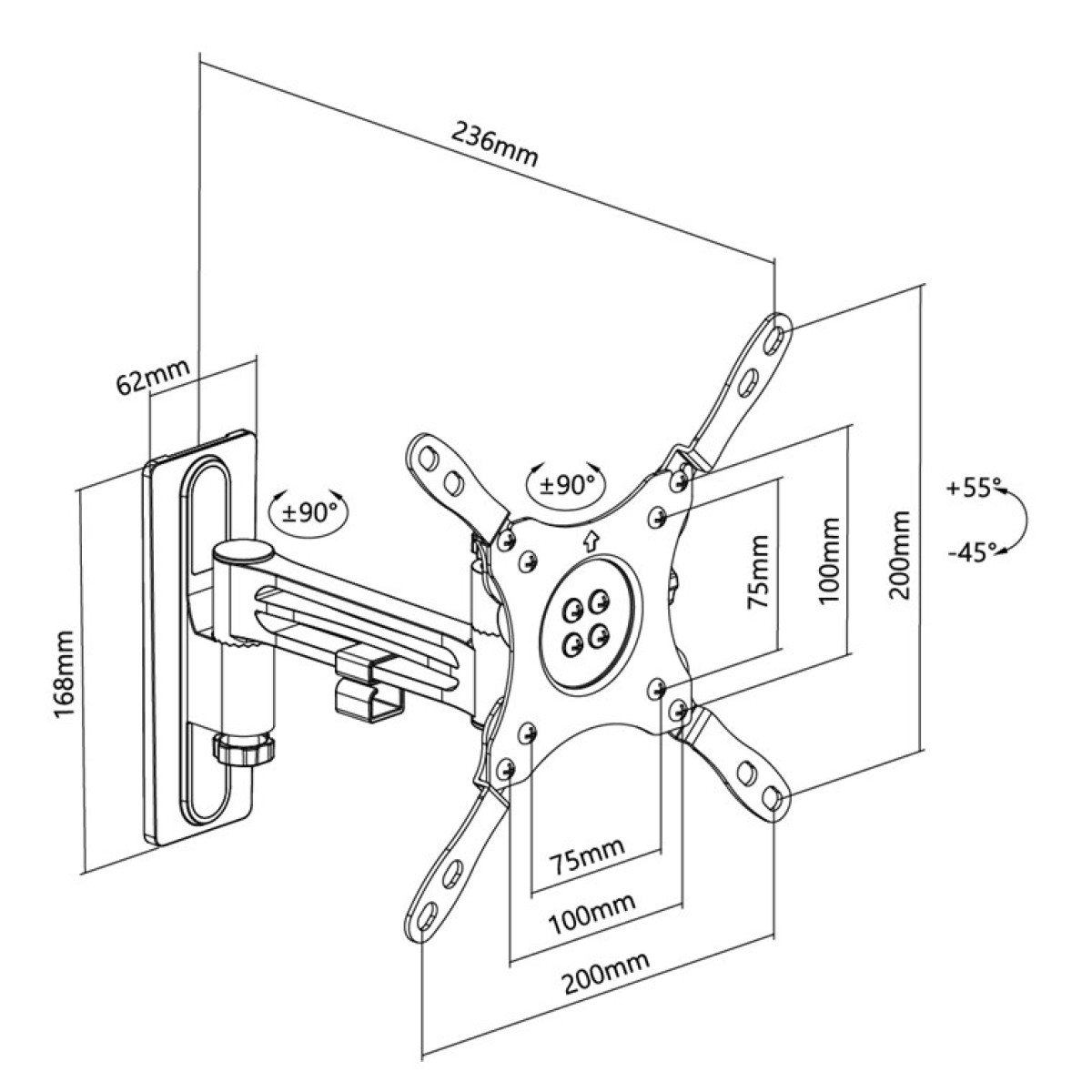 Disegno tecnico di un supporto da parete con dimensioni.