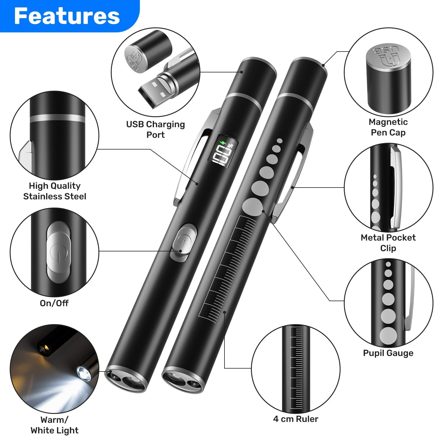 Zwei schwarze Stifte mit USB-Ladeanschluss, Magnetkappe, Lineal und Pupillenlehre.