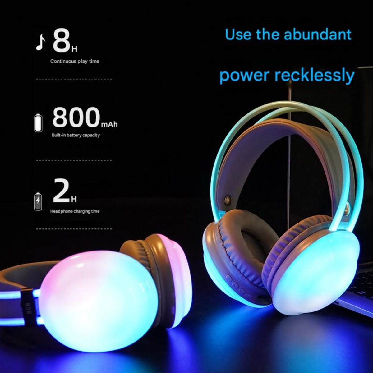 Kopfhörer mit RGB-Beleuchtung, 8h Wiedergabezeit, 800mAh Akku, 2h Ladezeit.