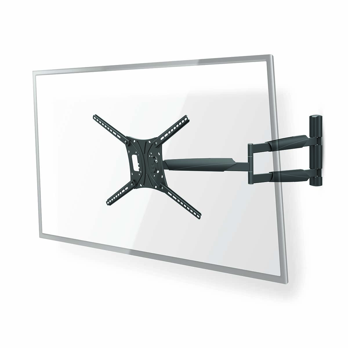 Supporto da parete per TV nero con braccio articolato fissato a un televisore a schermo piatto.
