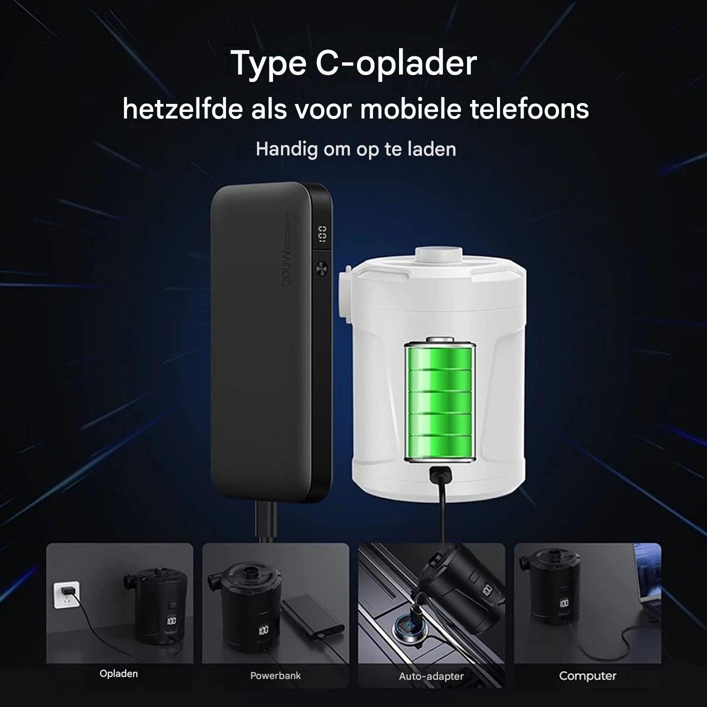 Schwarze Powerbank und weißes Ladegerät mit Batteriesymbol. Vier kleinere Bilder zeigen Ladeoptionen.