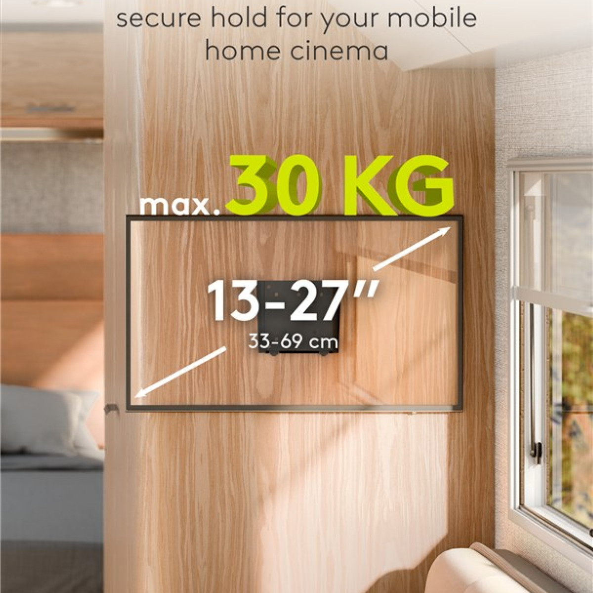 Supporto TV schermi 13-27 pollici, max 30 kg. Parete in legno.