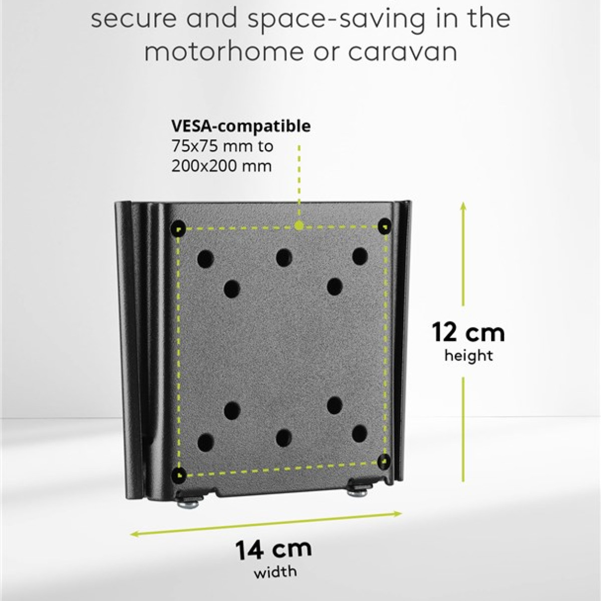 Supporto TV VESA, largo 14cm, alto 12cm.