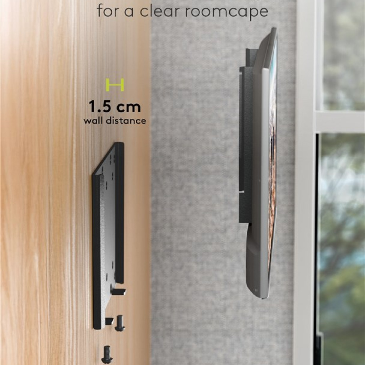 Viene mostrato un supporto TV con distanza dal muro di 1,5 cm.