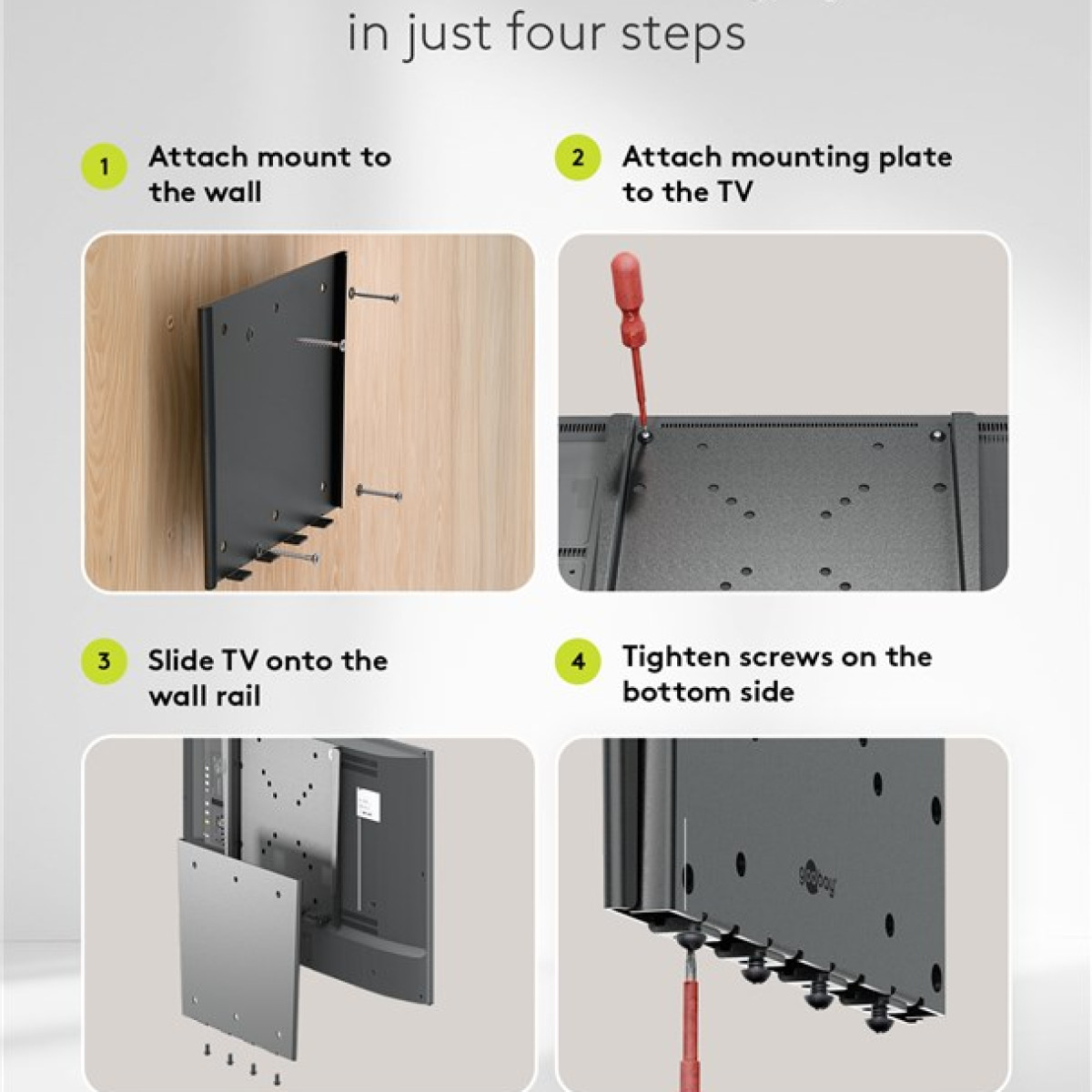 Guida passo passo per montare un TV a parete.