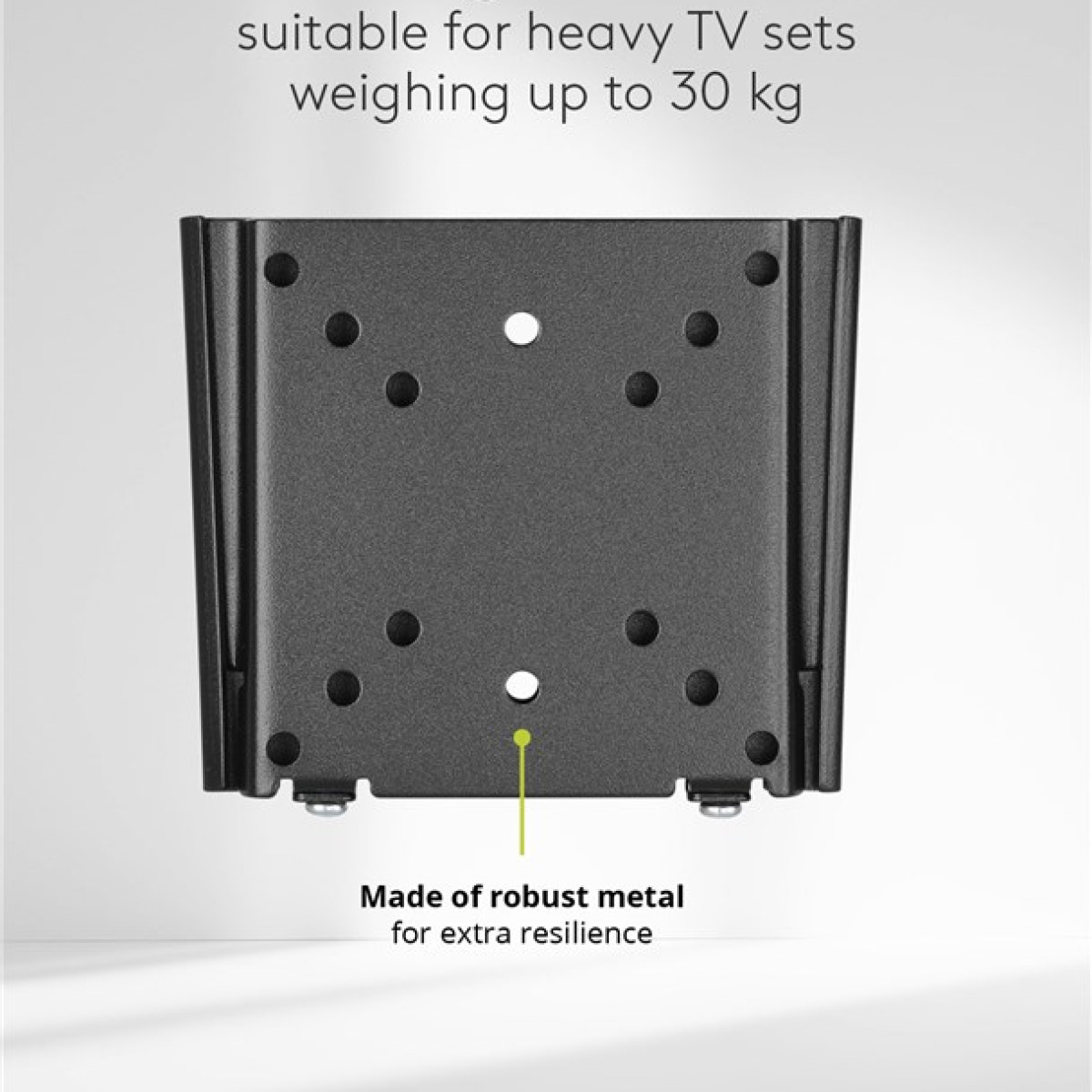 Staffa metallica nera con fori, adatta per TV fino a 30 kg.